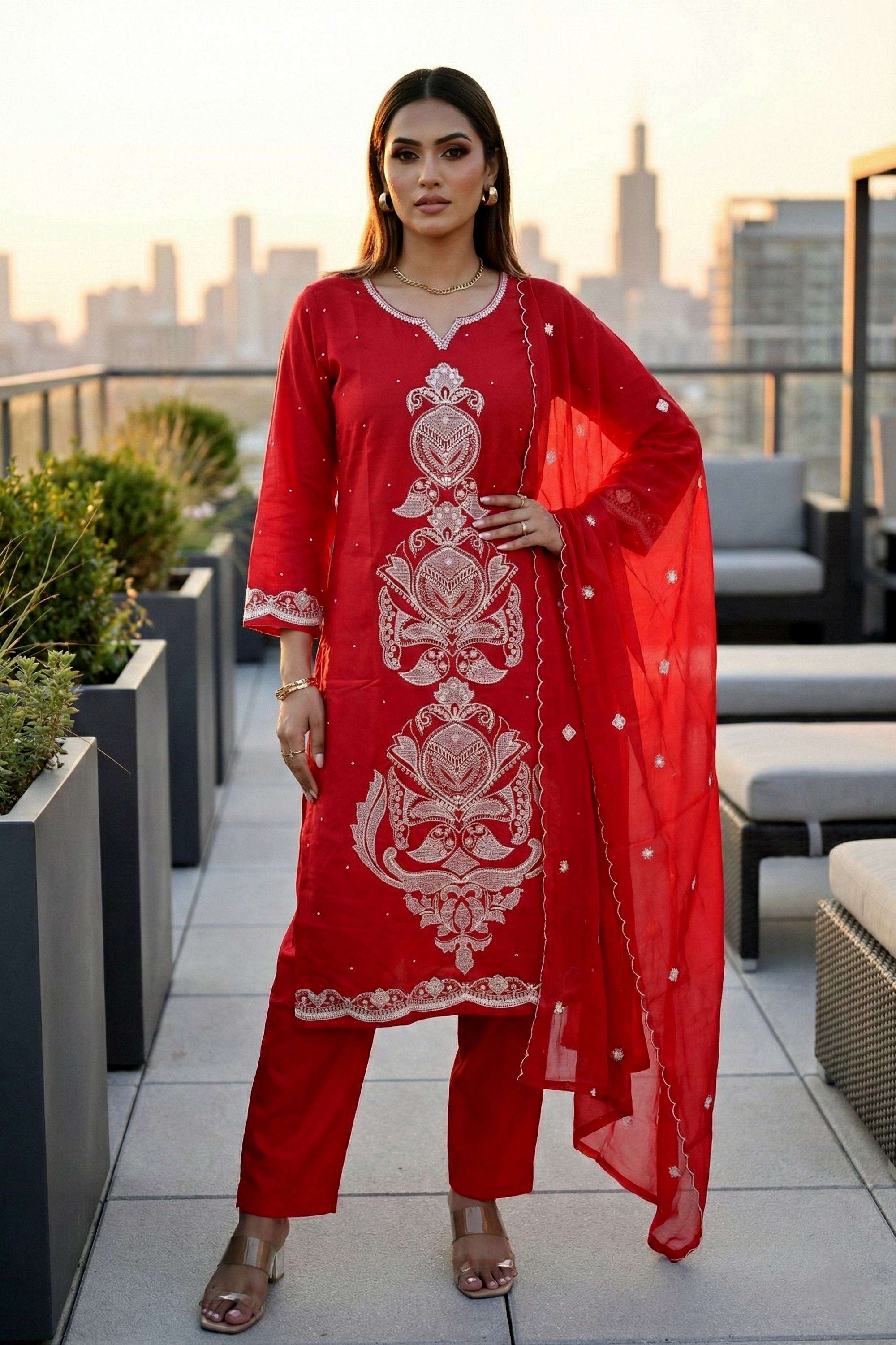 Embroidered-Cotton-Round-Neck-Women-Kurta-with-Pant-and-Dupatta