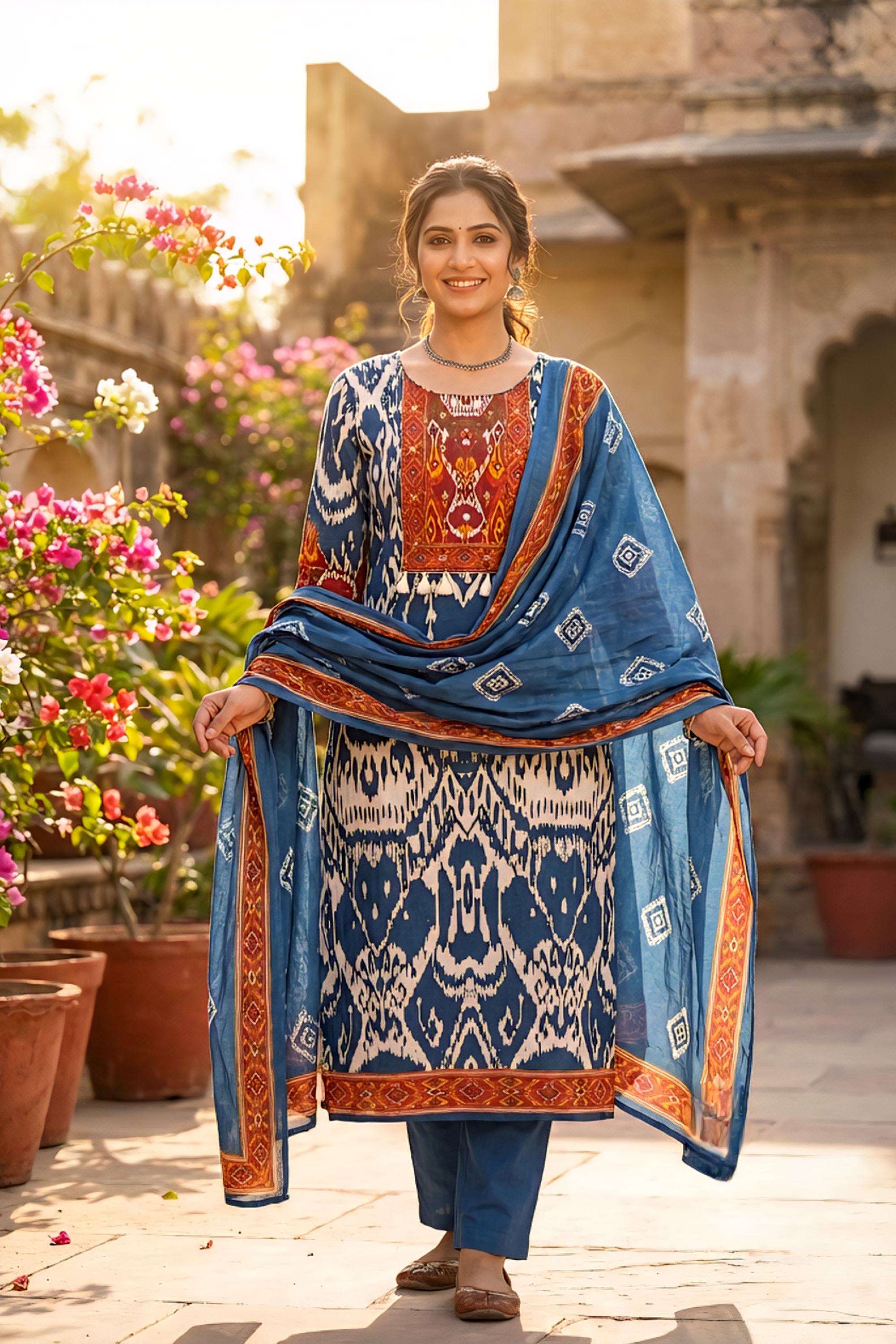 Printed-Cotton-Round-Neck-Women-Kurta-with-Pant-and-Dupatta