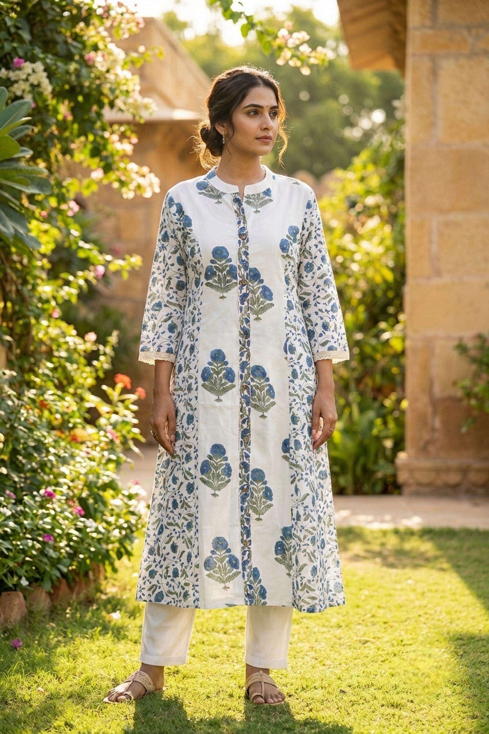 Floral-Blended-Fabric-Collared-Women-Kurta-with-Pant