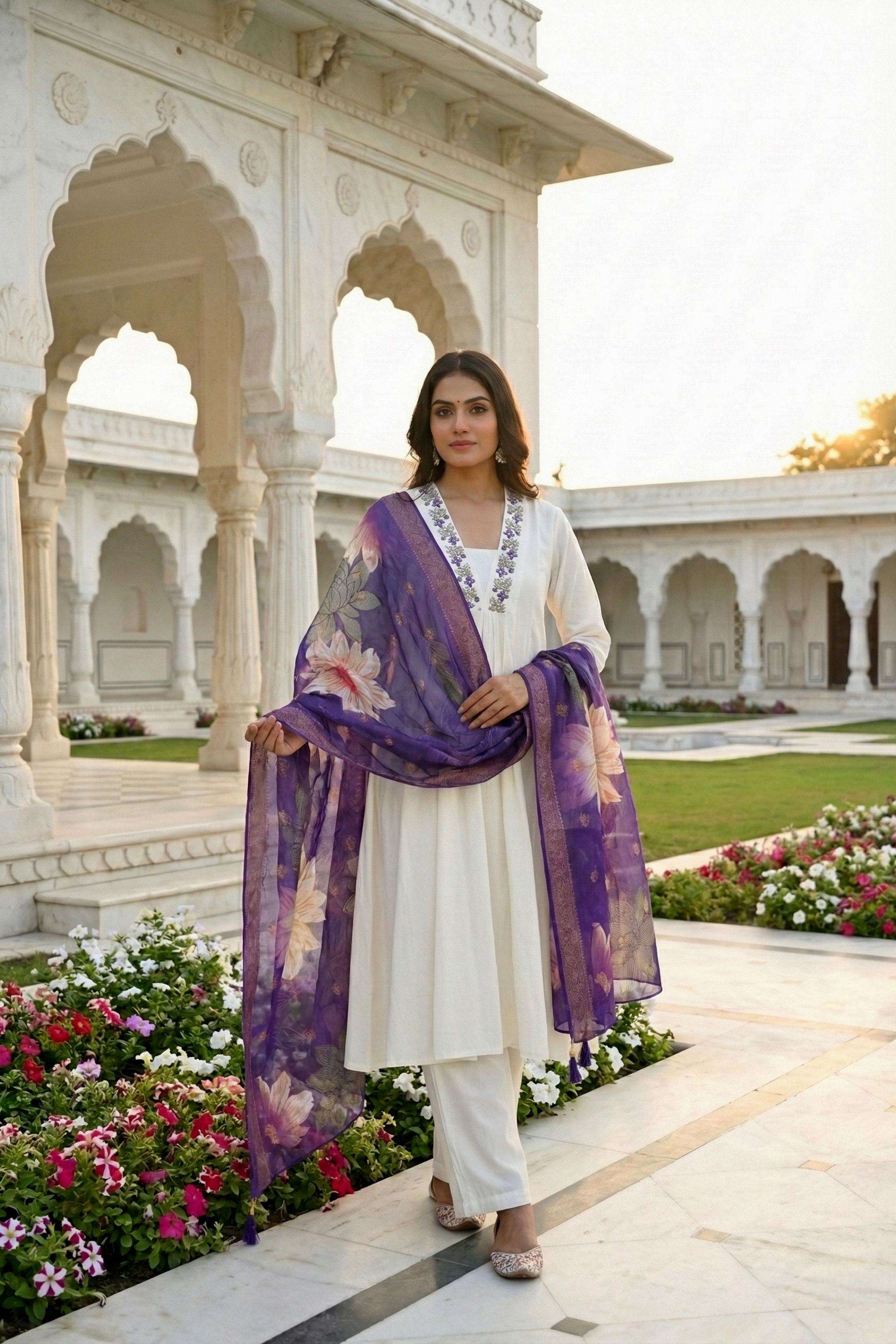 Embellished-Cotton-V-Neck-Women-Kurta-with-Pant-and-Dupatta