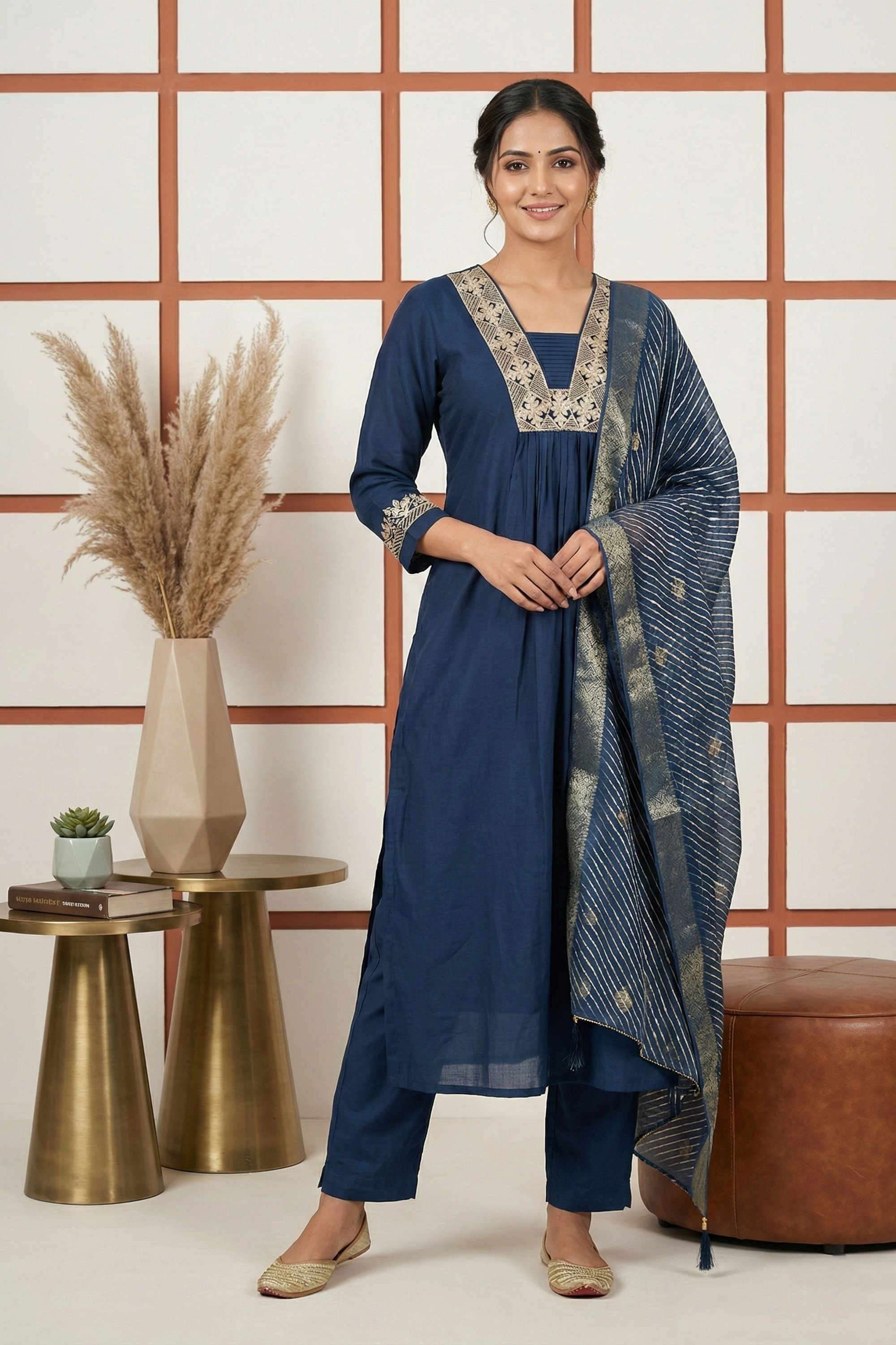 Embroidered-Muslin-V-Neck-Women-Kurta-with-Pant-and-Dupatta