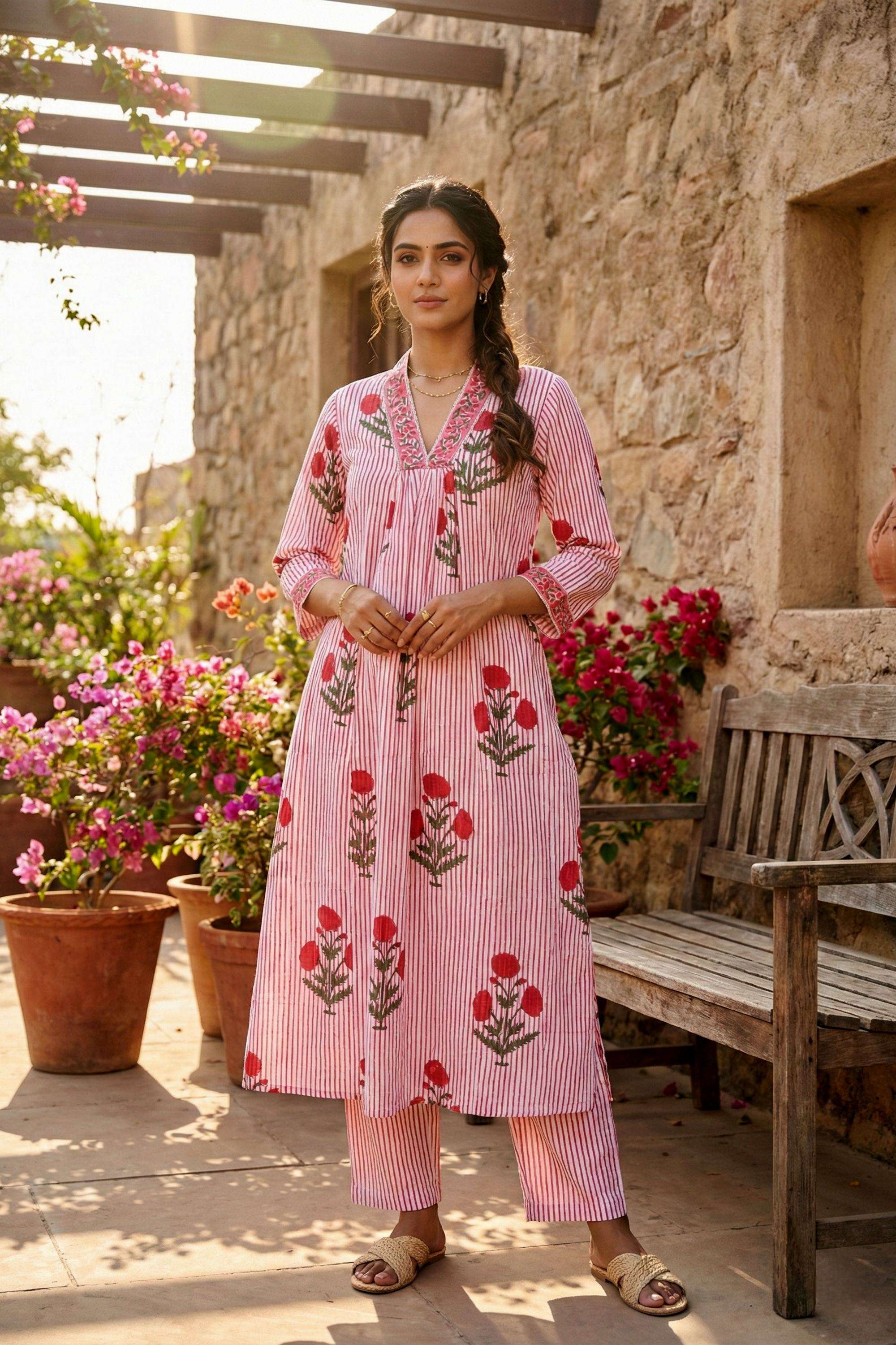 Floral-Cotton-V-Neck-Women-s-Festive-Wear-Kurta-Set