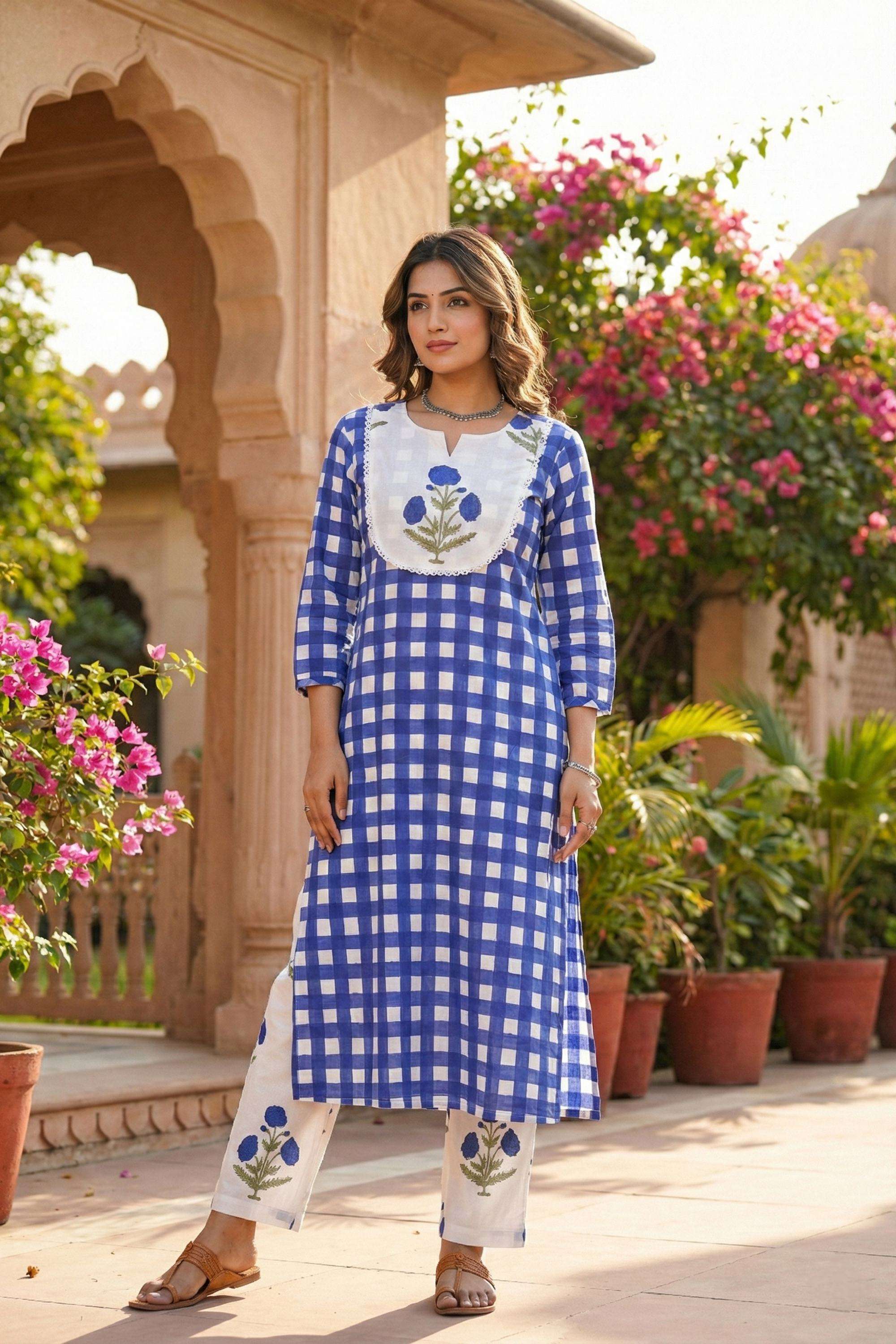 Checks-Cotton-Round-Neck-Women-s-Festive-Wear-Kurta-Set