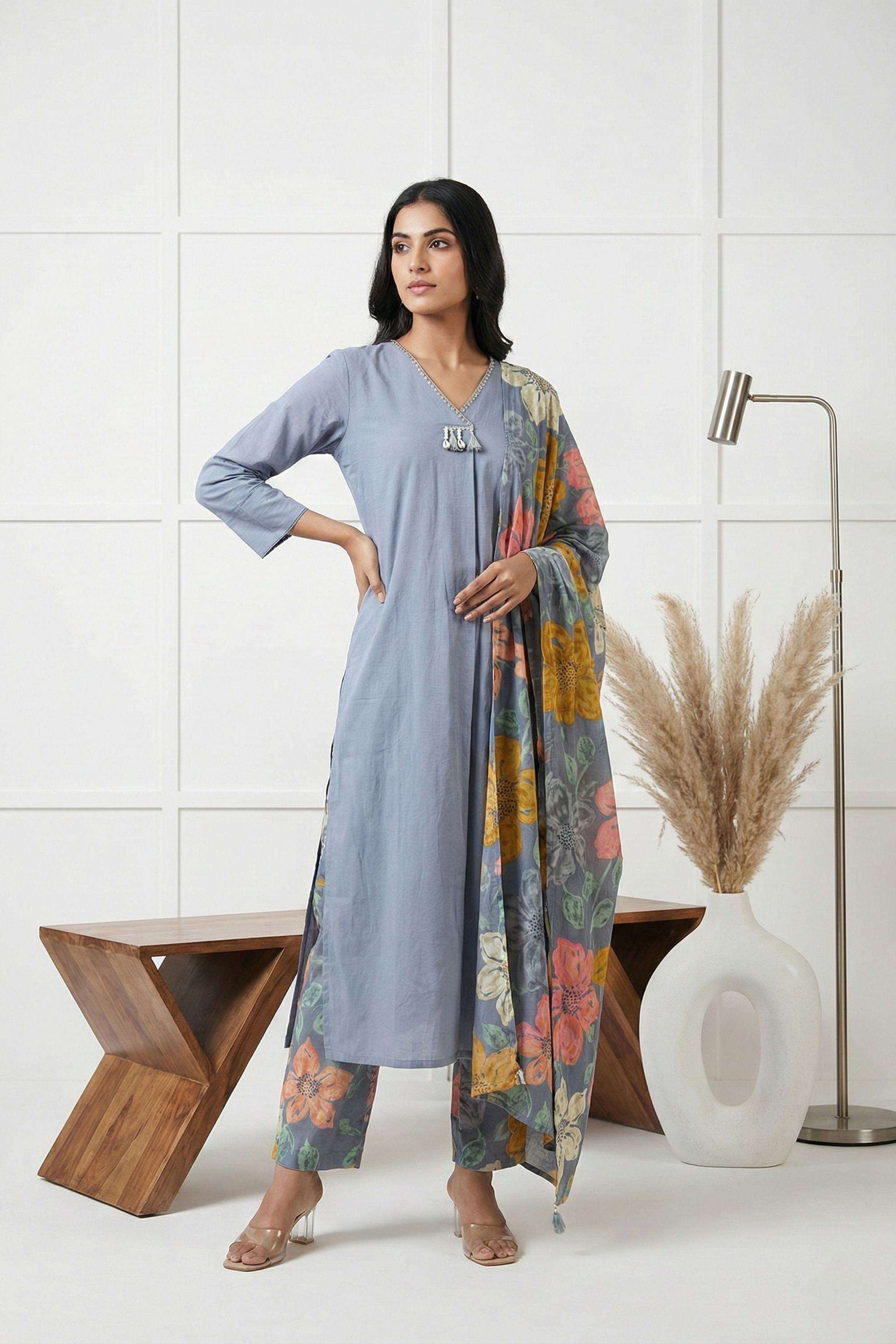 Floral-Cotton-V-Neck-Women-Kurta-with-Pant-and-Dupatta