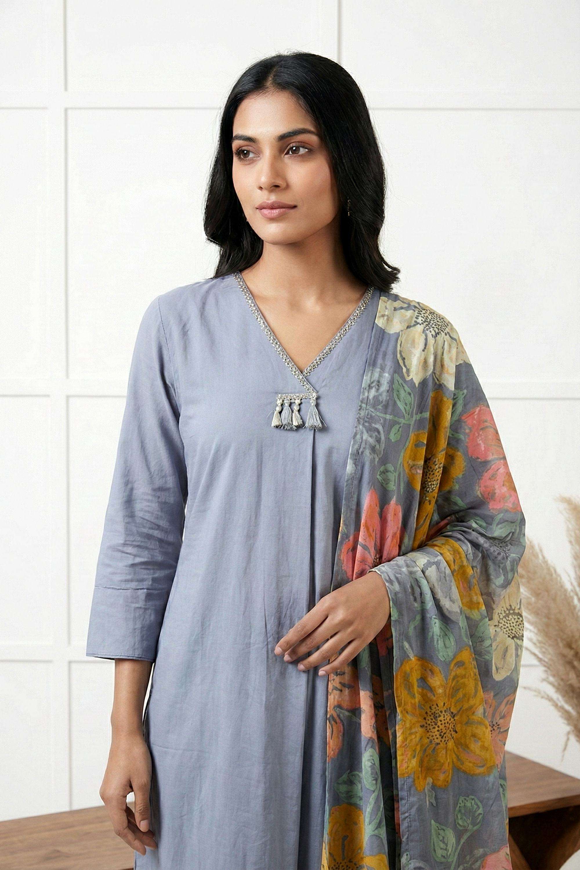 Floral-Cotton-V-Neck-Women-Kurta-with-Pant-and-Dupatta
