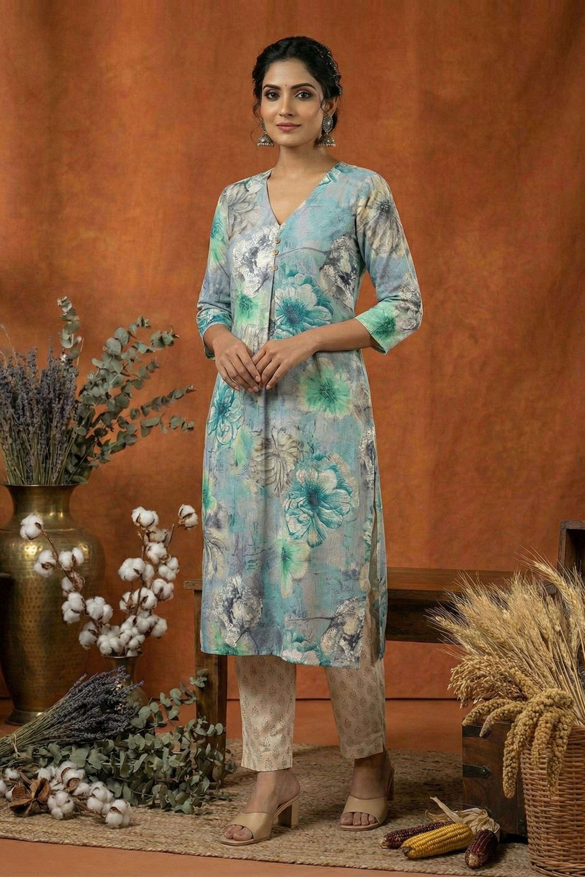Floral-Rayon-V-Neck-Women-s-Ethnic-Kurta
