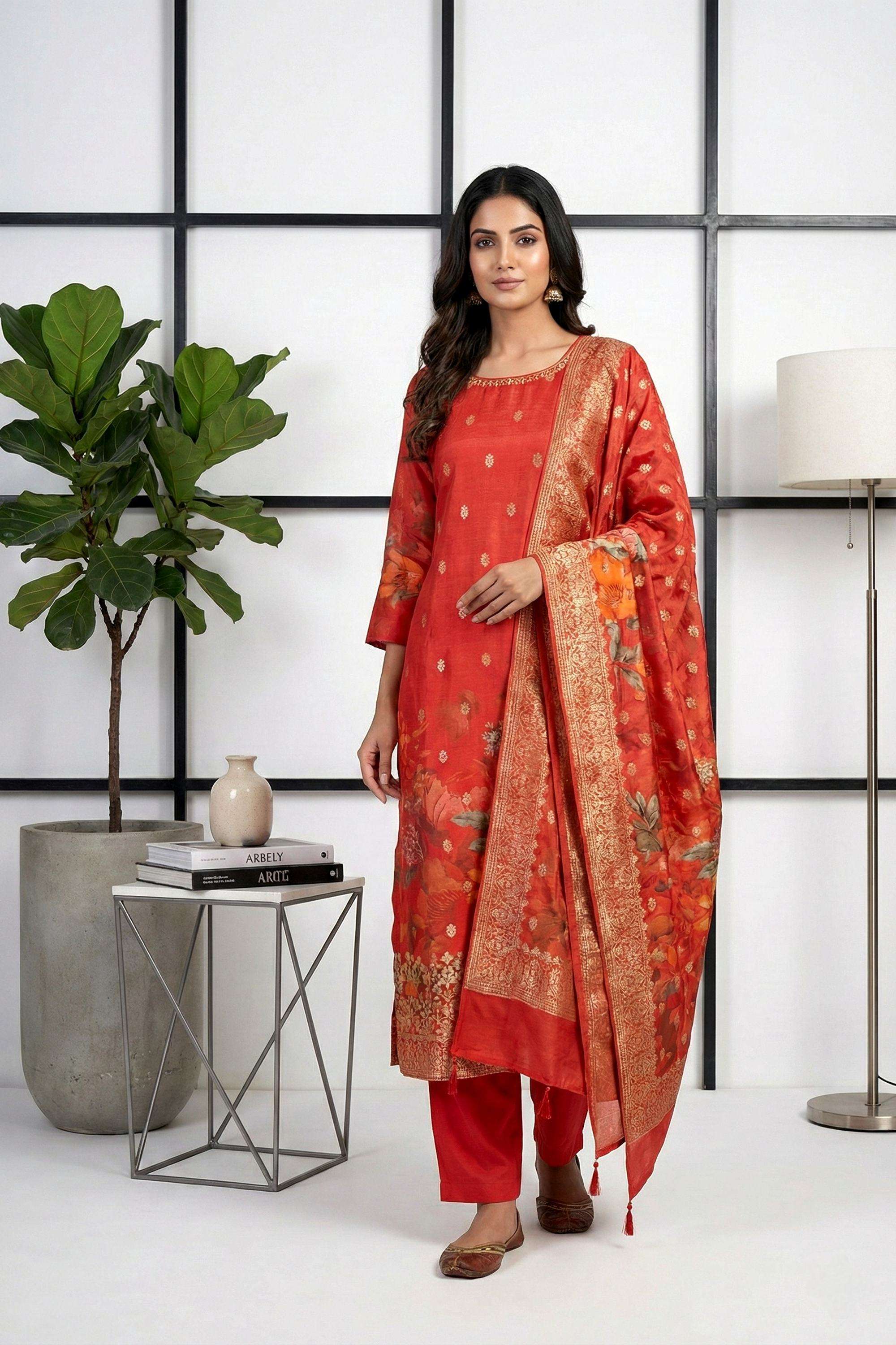 Floral-Blended-Fabric-Round-Neck-Women-Kurta-with-Pant-and-Dupatta