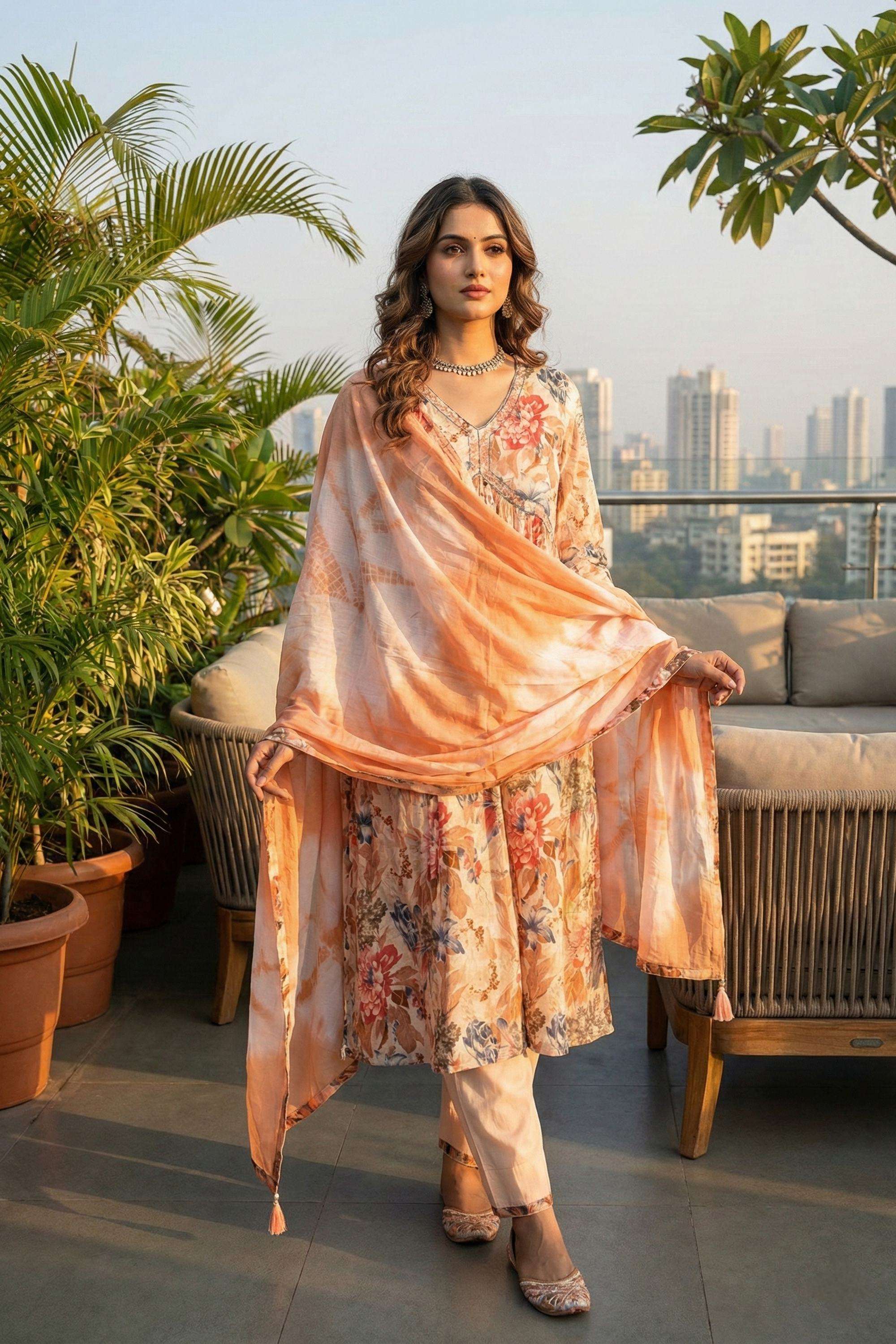 Floral-Silk-V-Neck-Women-s-Festive-Wear-Kurta-Set