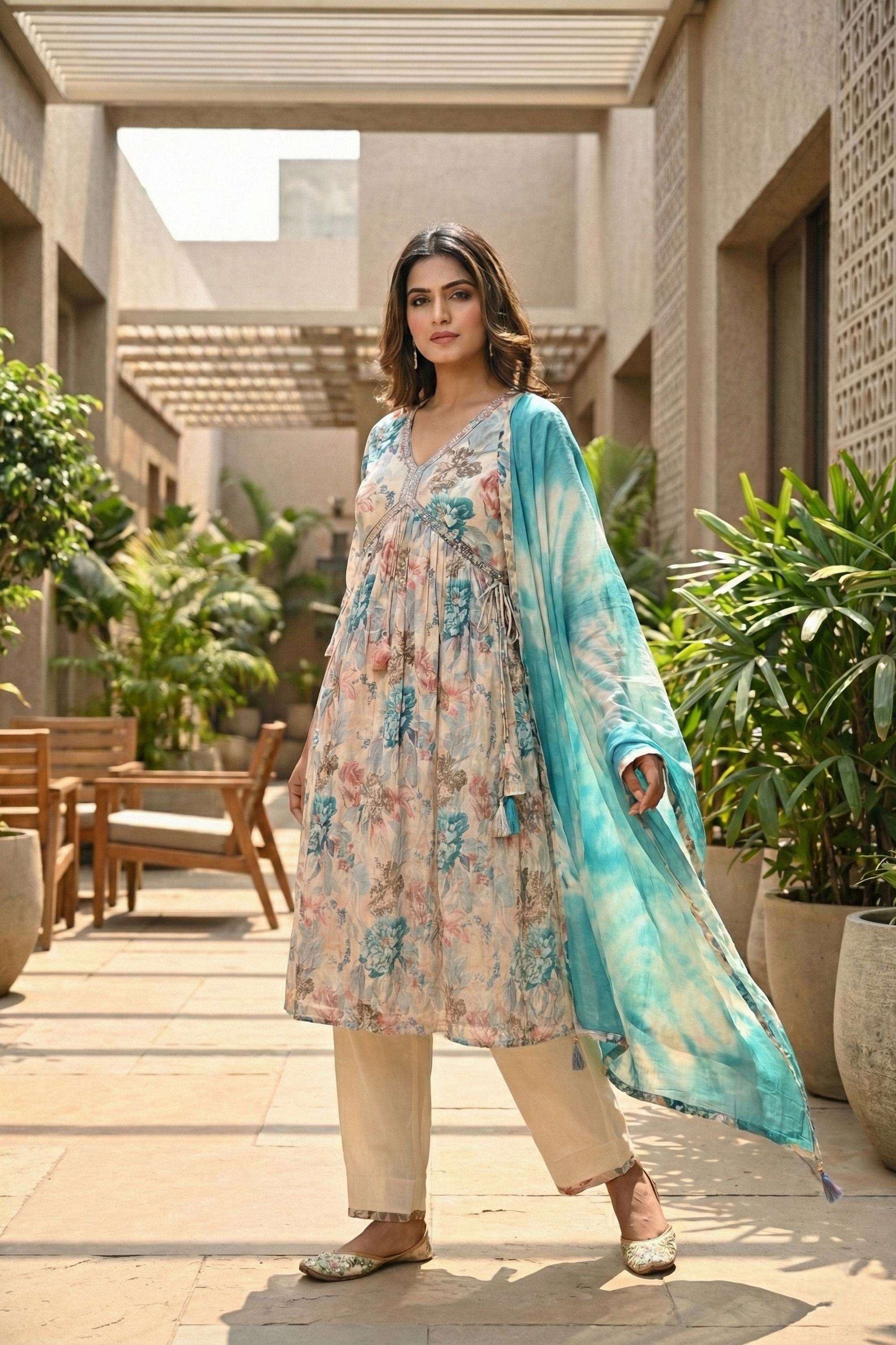Floral-Silk-V-Neck-Women-Kurta-with-Pant-and-Dupatta