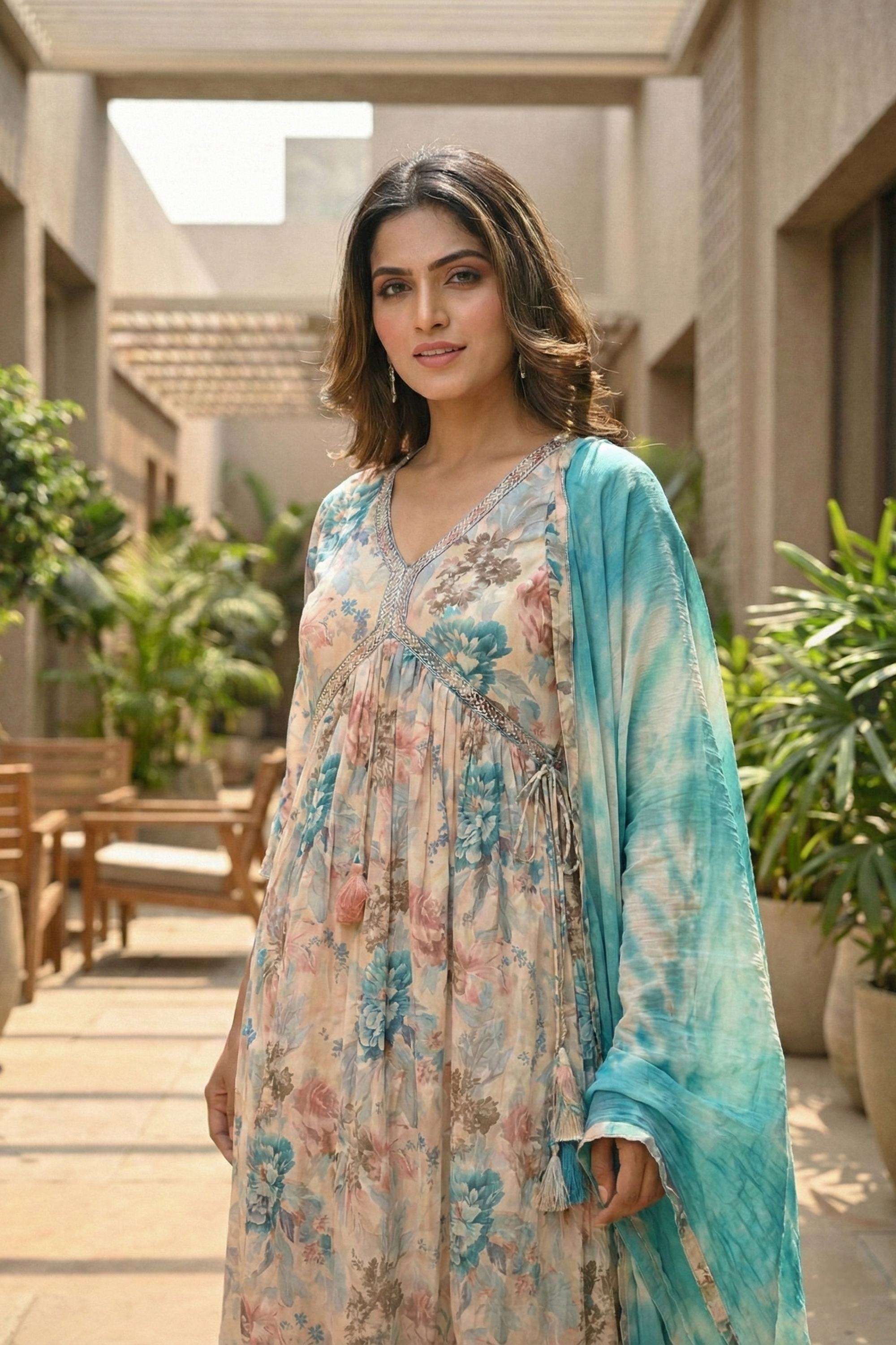 Floral-Silk-V-Neck-Women-Kurta-with-Pant-and-Dupatta