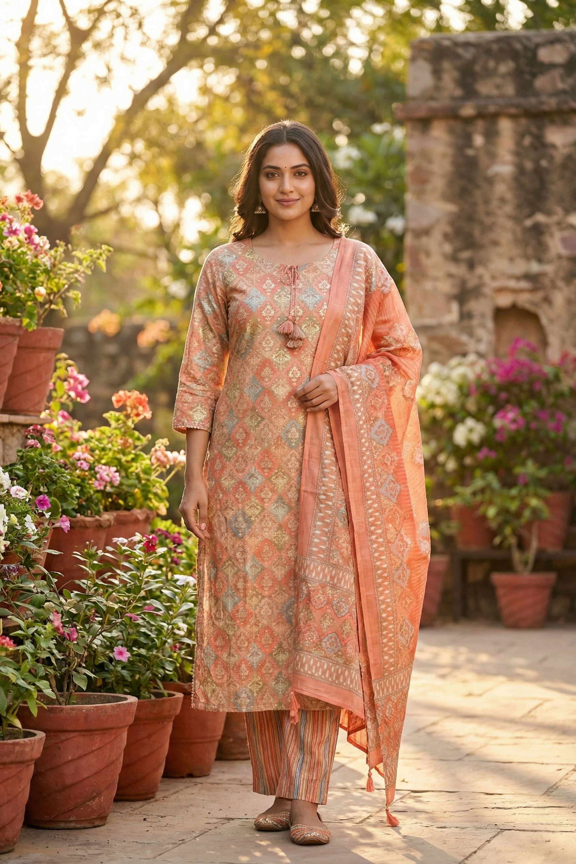 Printed-Silk-Round-Neck-Women-Kurta-with-Pant-and-Dupatta