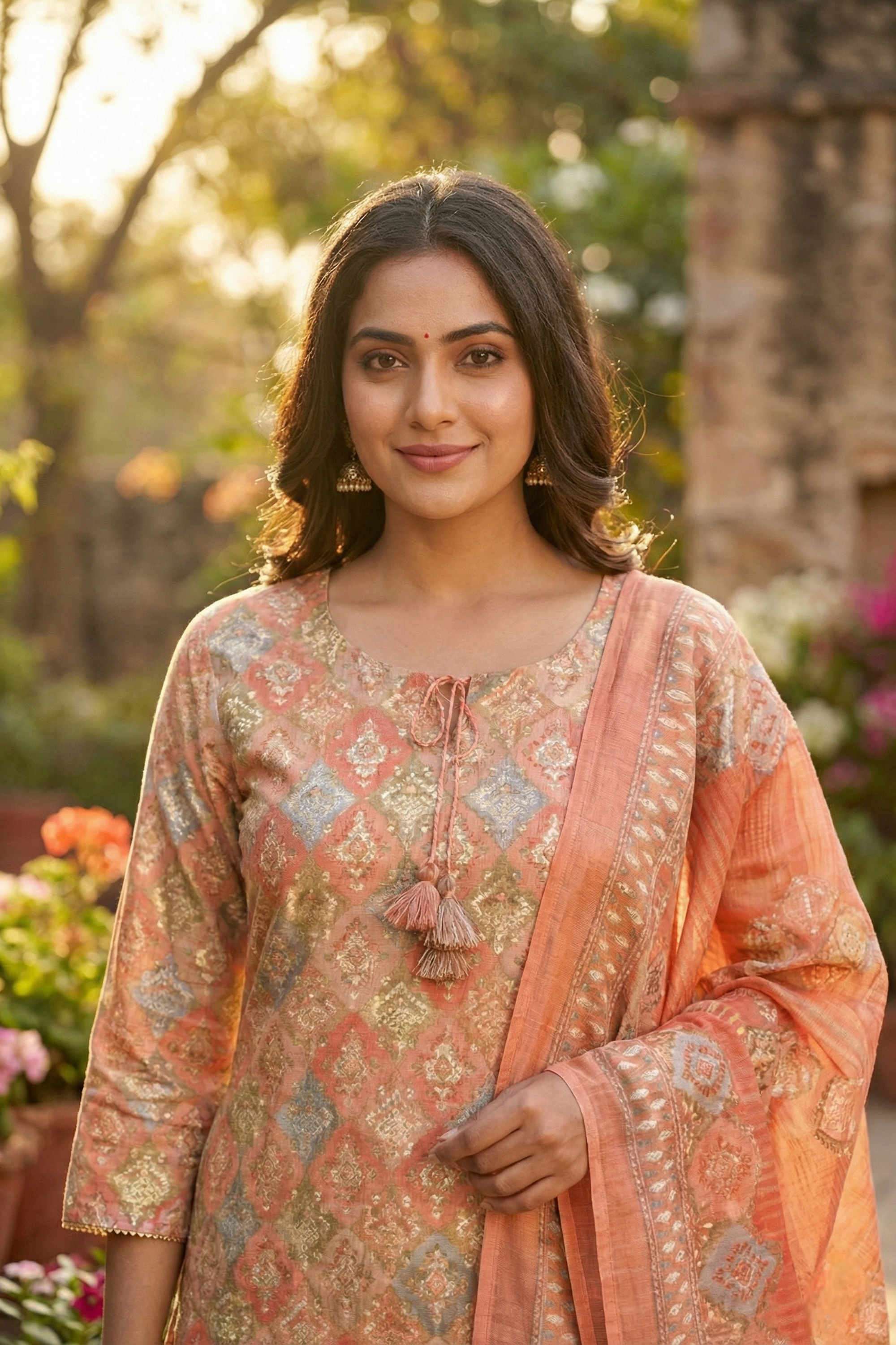 Printed-Silk-Round-Neck-Women-Kurta-with-Pant-and-Dupatta