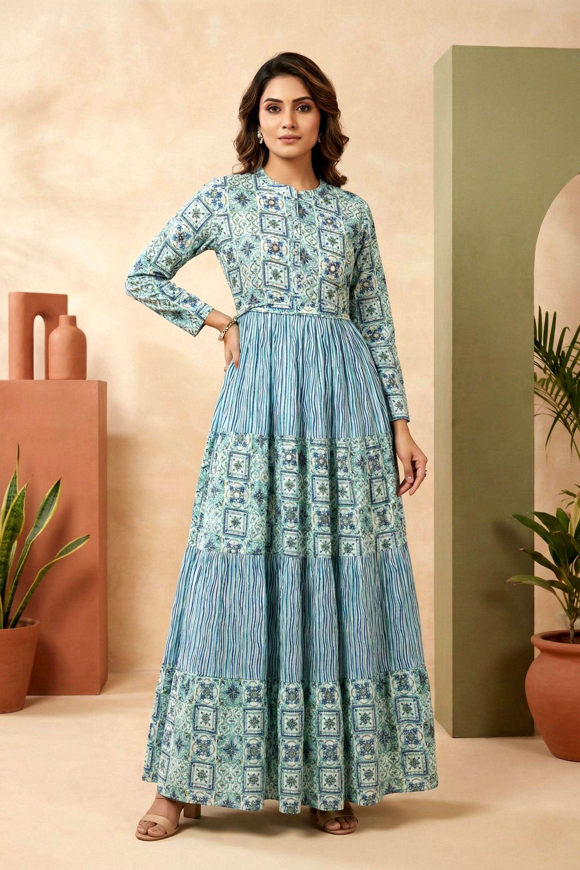 neerus Floral Collared Rayon Women Dress-picture-20