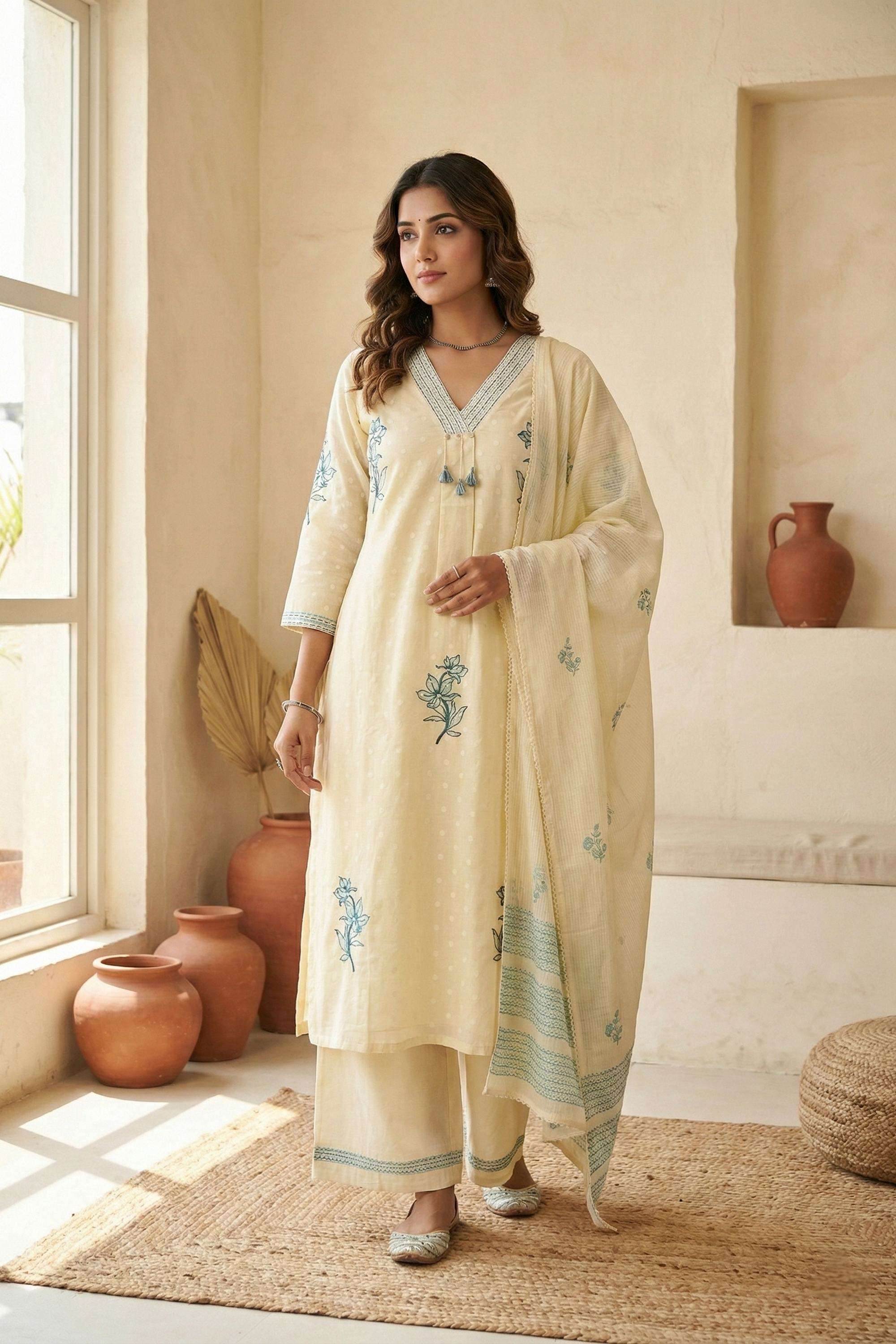 Printed-Blended-Fabric-V-Neck-Women-s-Festive-Wear-Kurta-Set