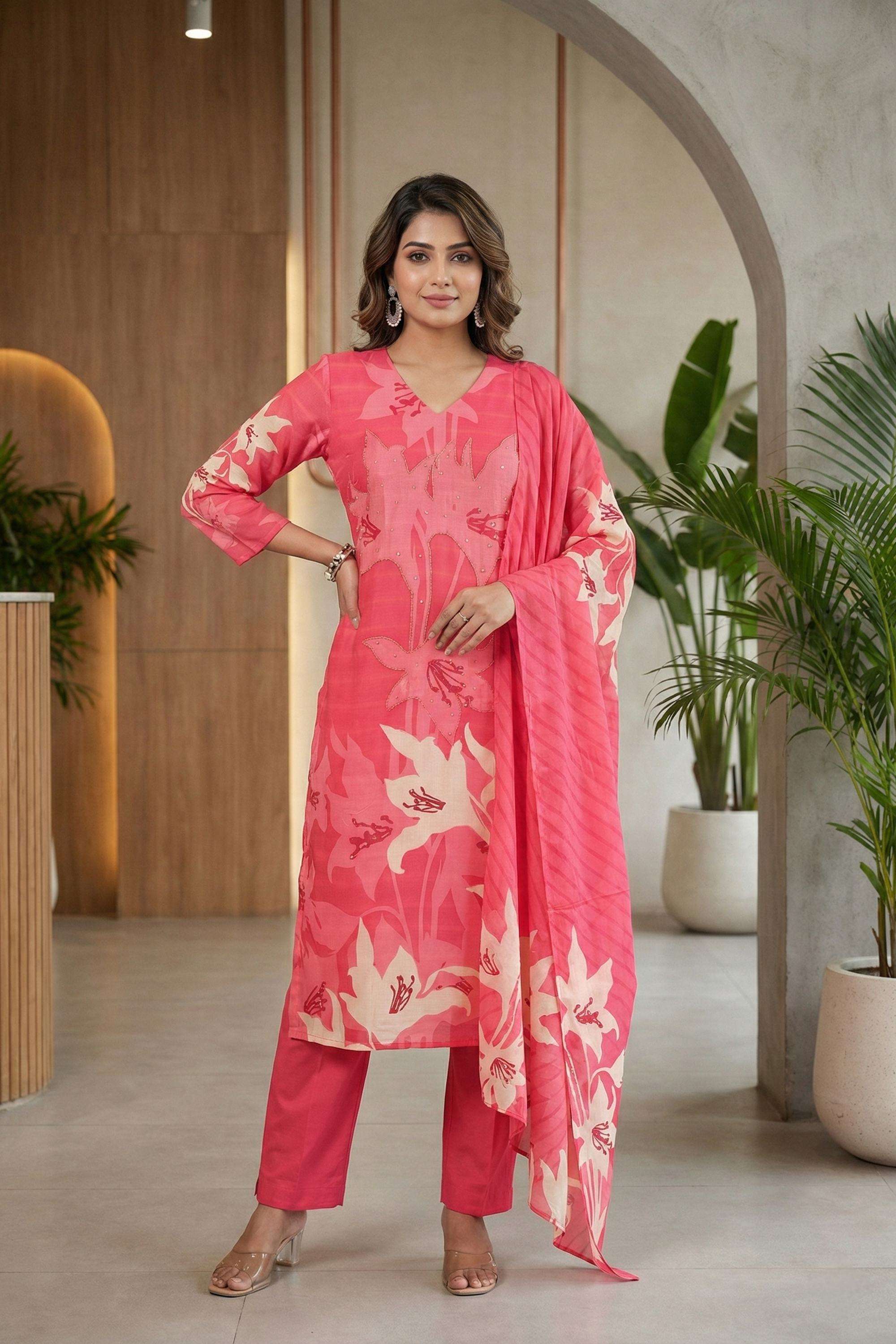 Floral-Blended-Fabric-V-Neck-Women-s-Festive-Wear-Kurta-Set