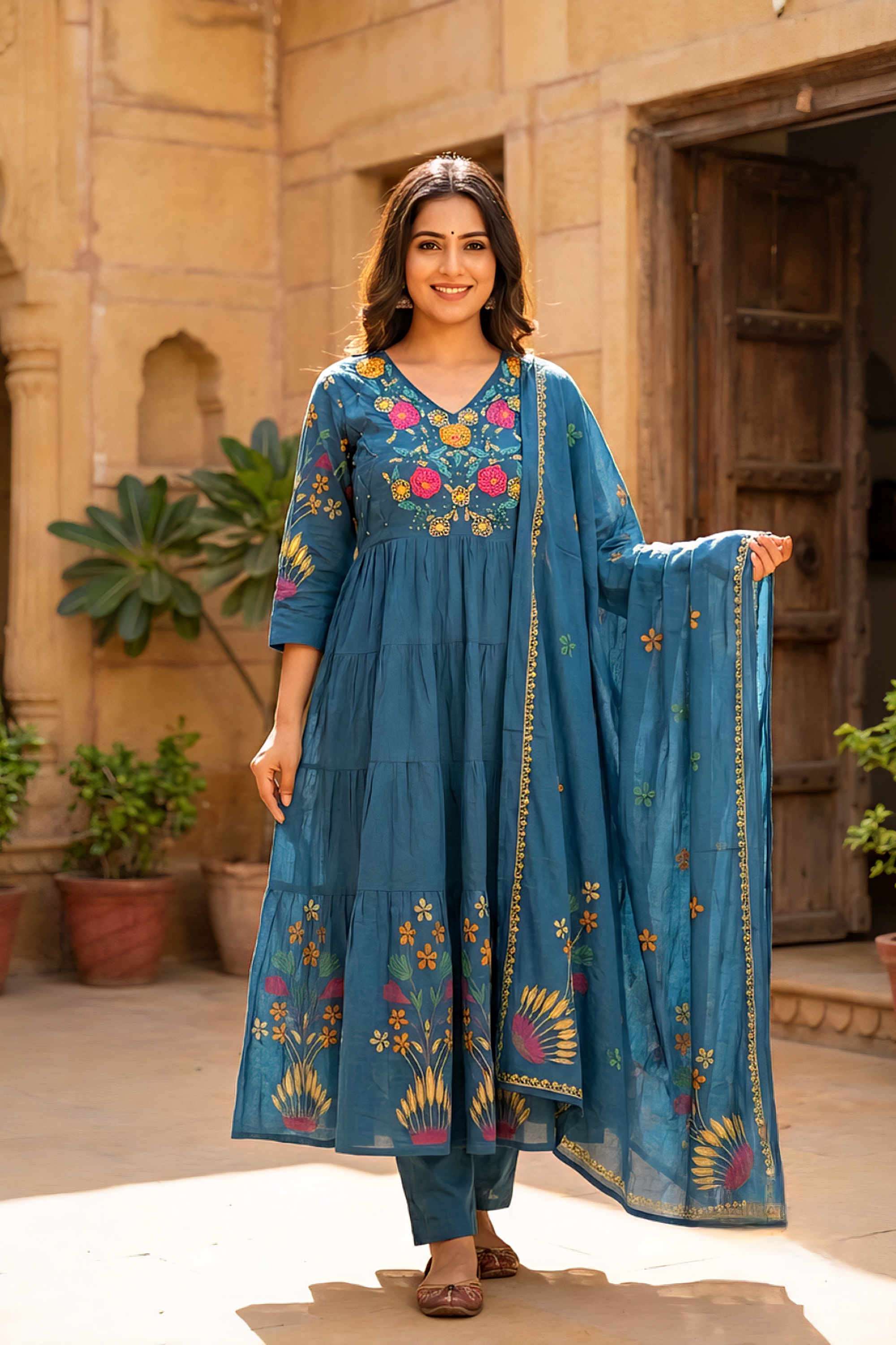 Embroidered-Cotton-V-Neck-Women-Kurta-with-Pant-and-Dupatta