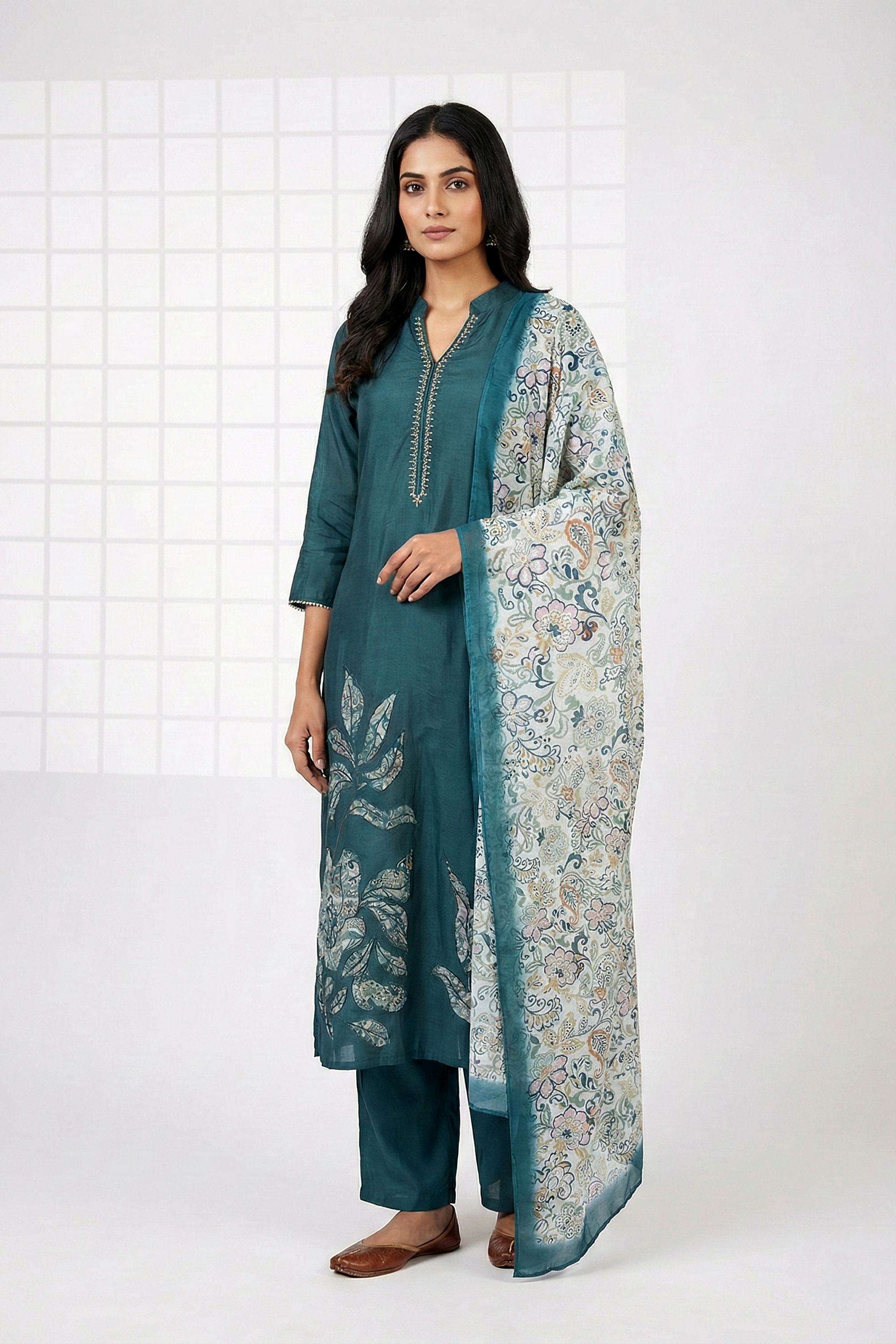 Embroidered-Muslin-Collared-Women-Kurta-with-Pant-and-Dupatta