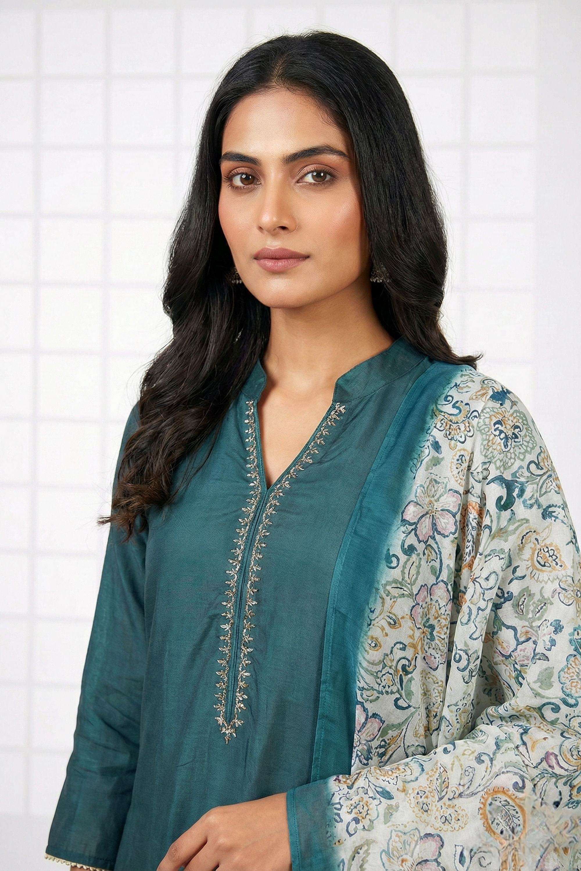 Embroidered-Muslin-Collared-Women-Kurta-with-Pant-and-Dupatta