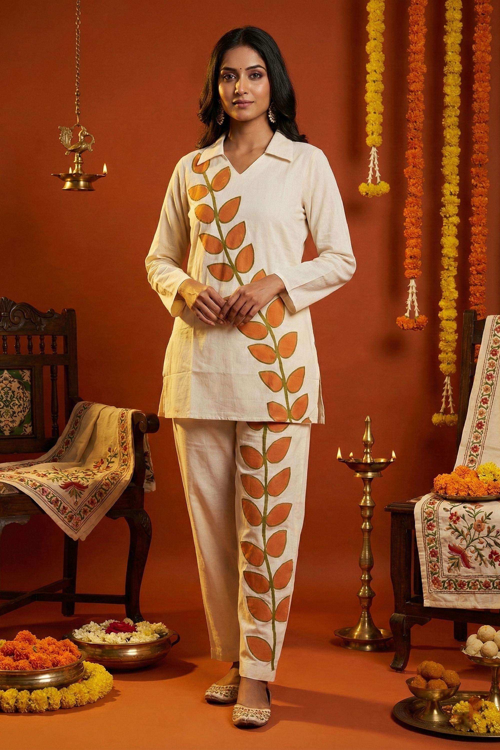 Printed-Blended-Fabric-V-Neck-Women-s-Ethnic-Kurta-Set