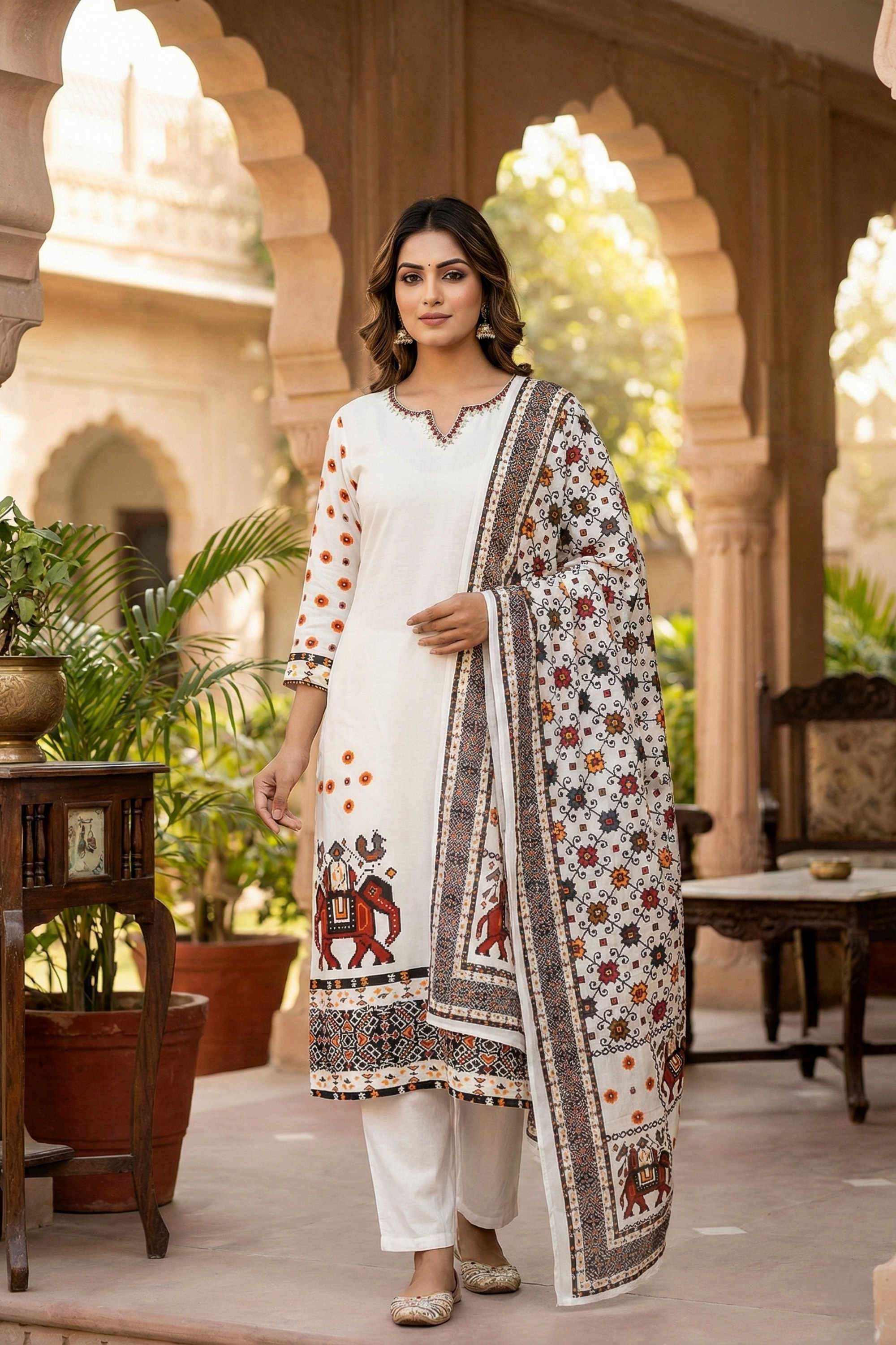 Printed-Silk-Round-Neck-Women-Kurta-with-Pant-and-Dupatta