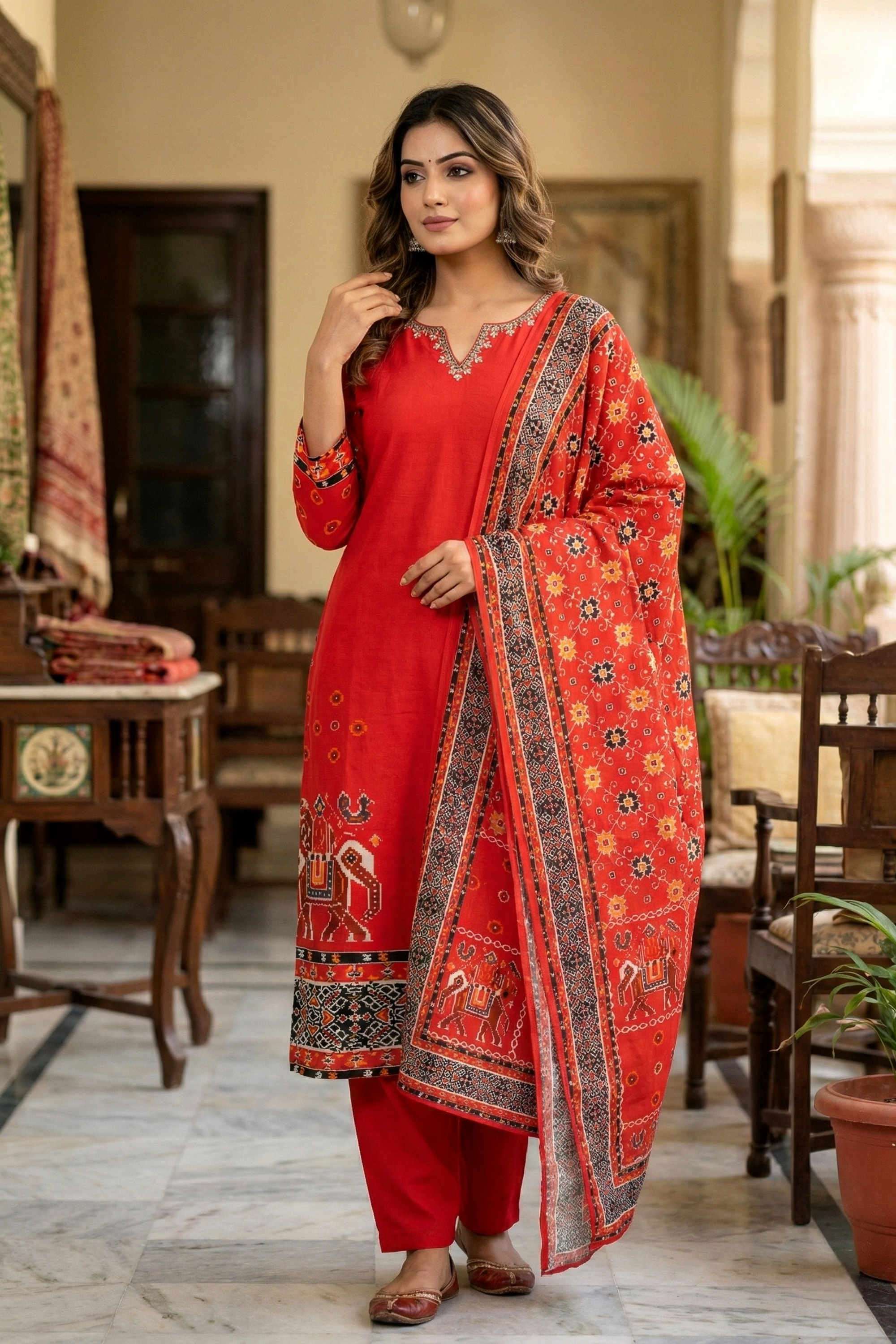 Printed-Silk-Round-Neck-Women-Kurta-with-Pant-and-Dupatta