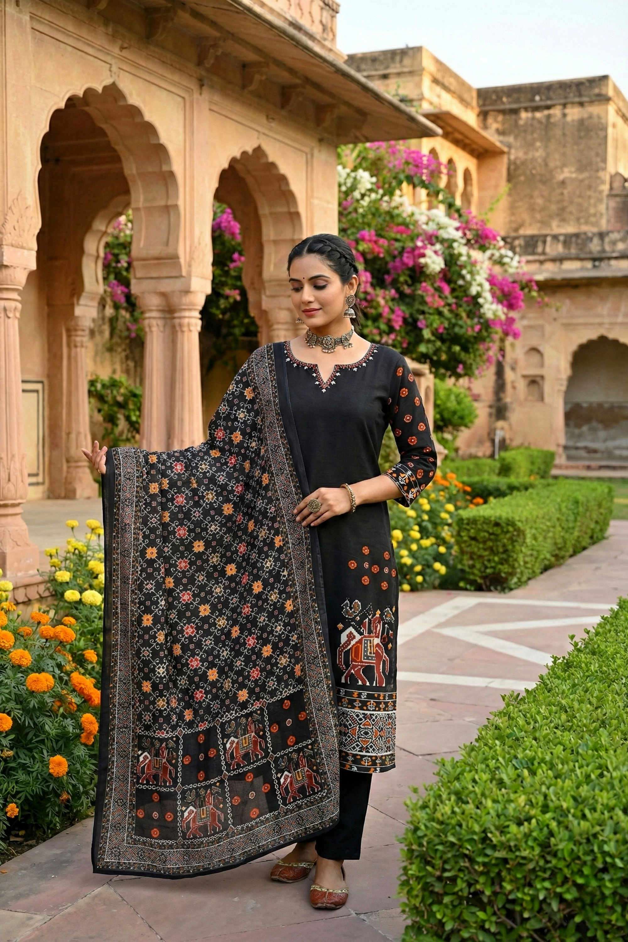 Printed-Silk-Round-Neck-Women-Kurta-with-Pant-and-Dupatta