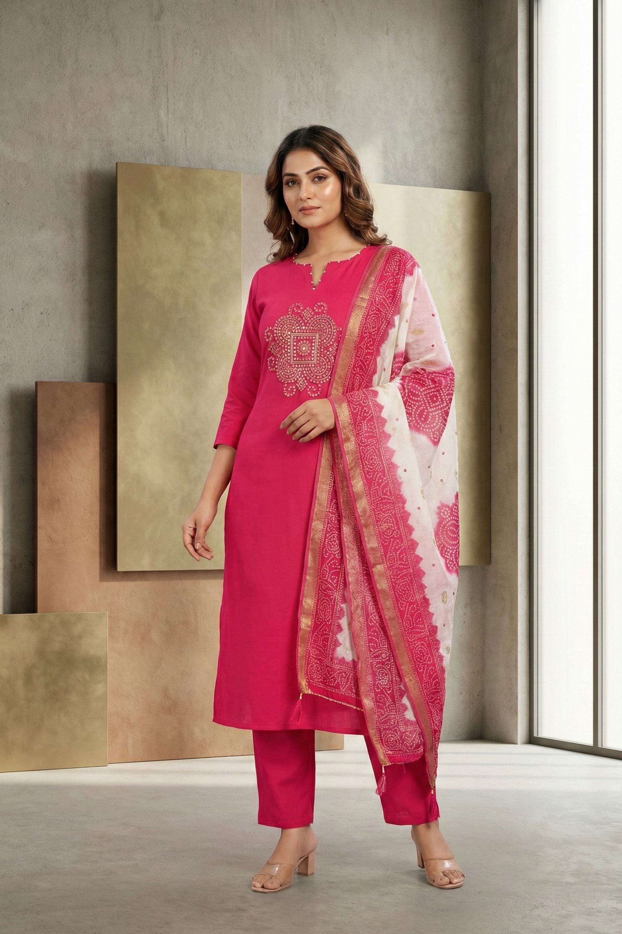 Embellished-Muslin-Round-Neck-Women-s-Festive-Wear-Kurta-Set
