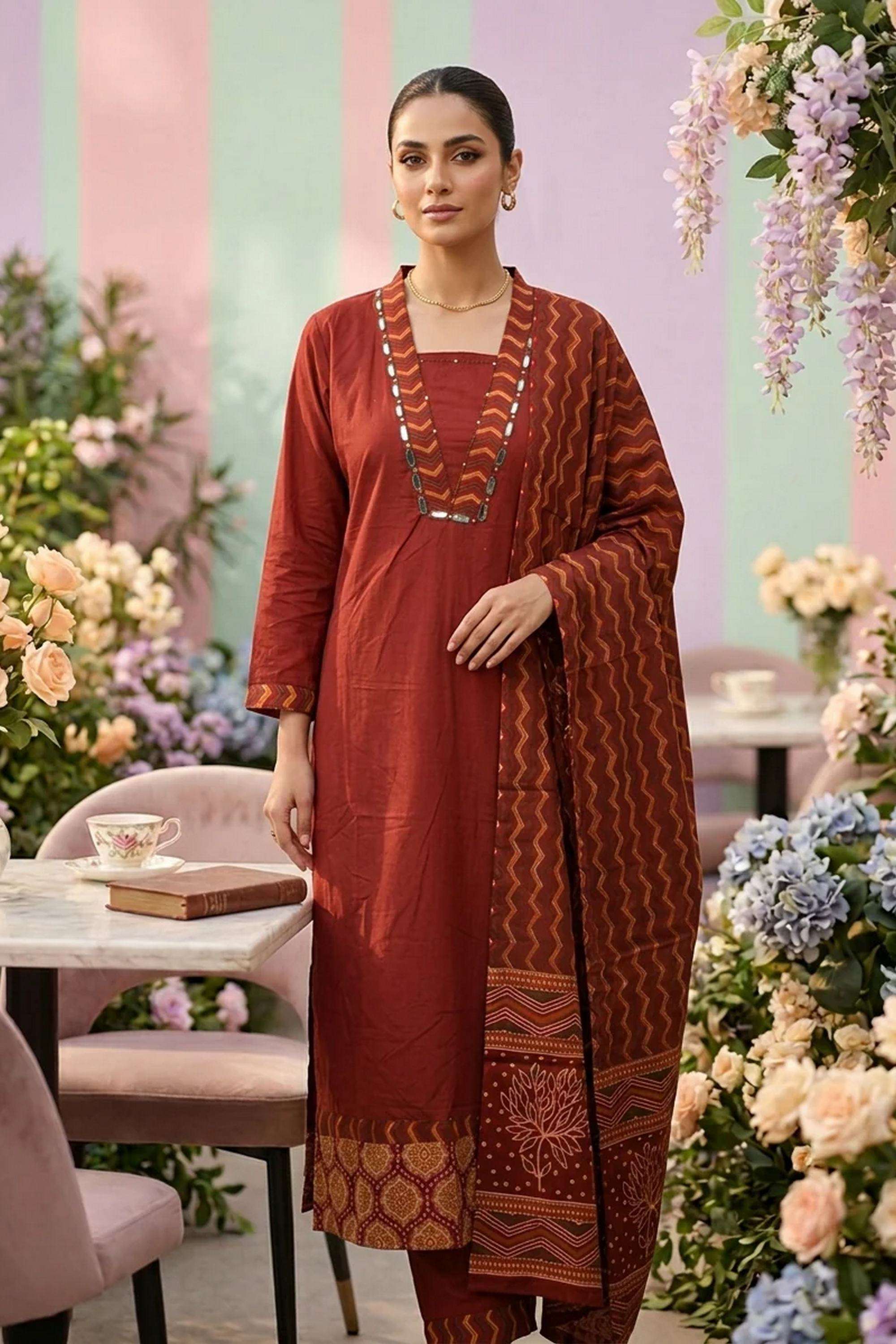 Sequinned-Cotton-V-Neck-Women-Kurta-with-Pant-and-Dupatta