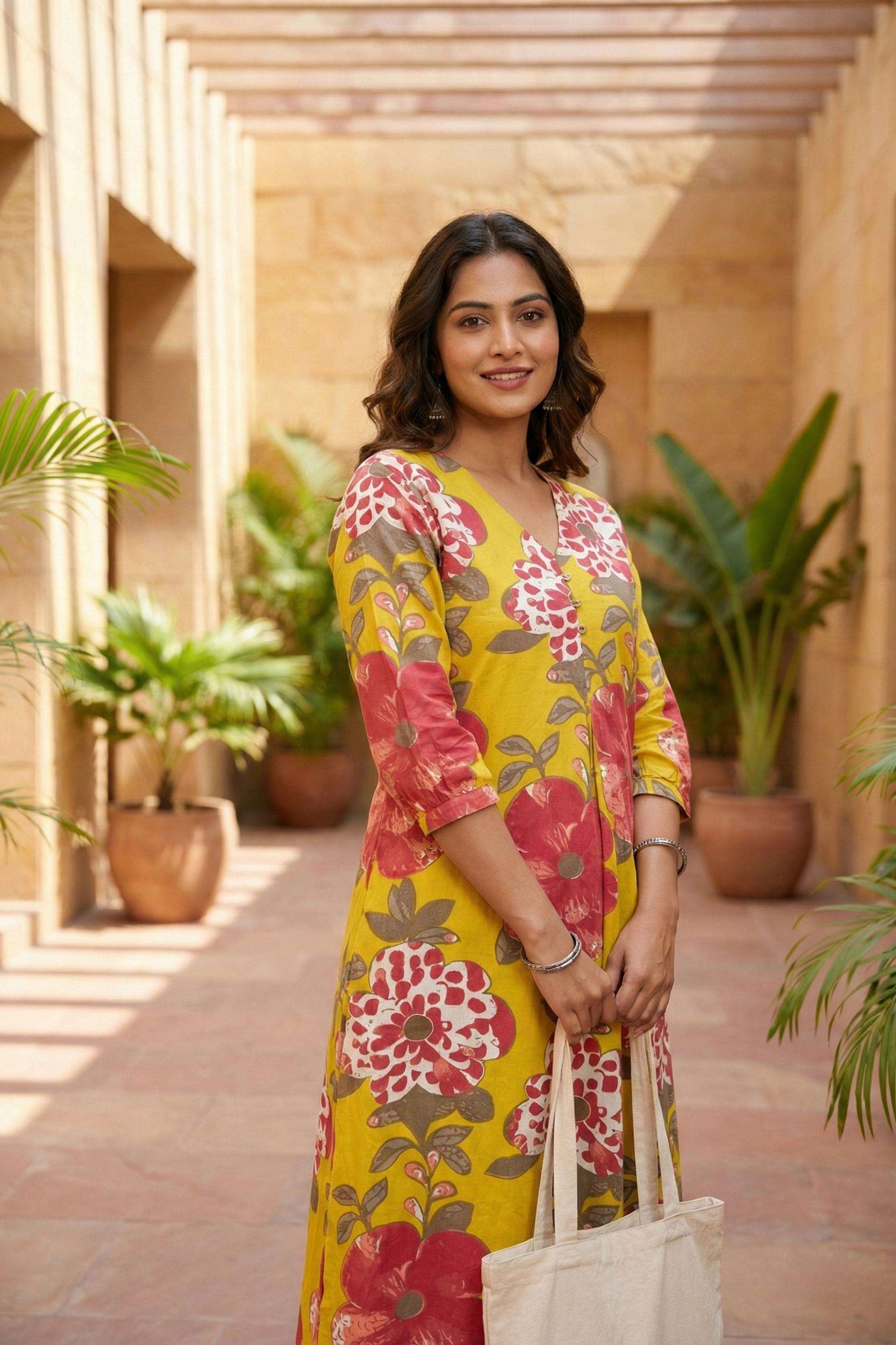 Floral-Blended-Fabric-V-Neck-Women-s-Festive-Wear-Kurta