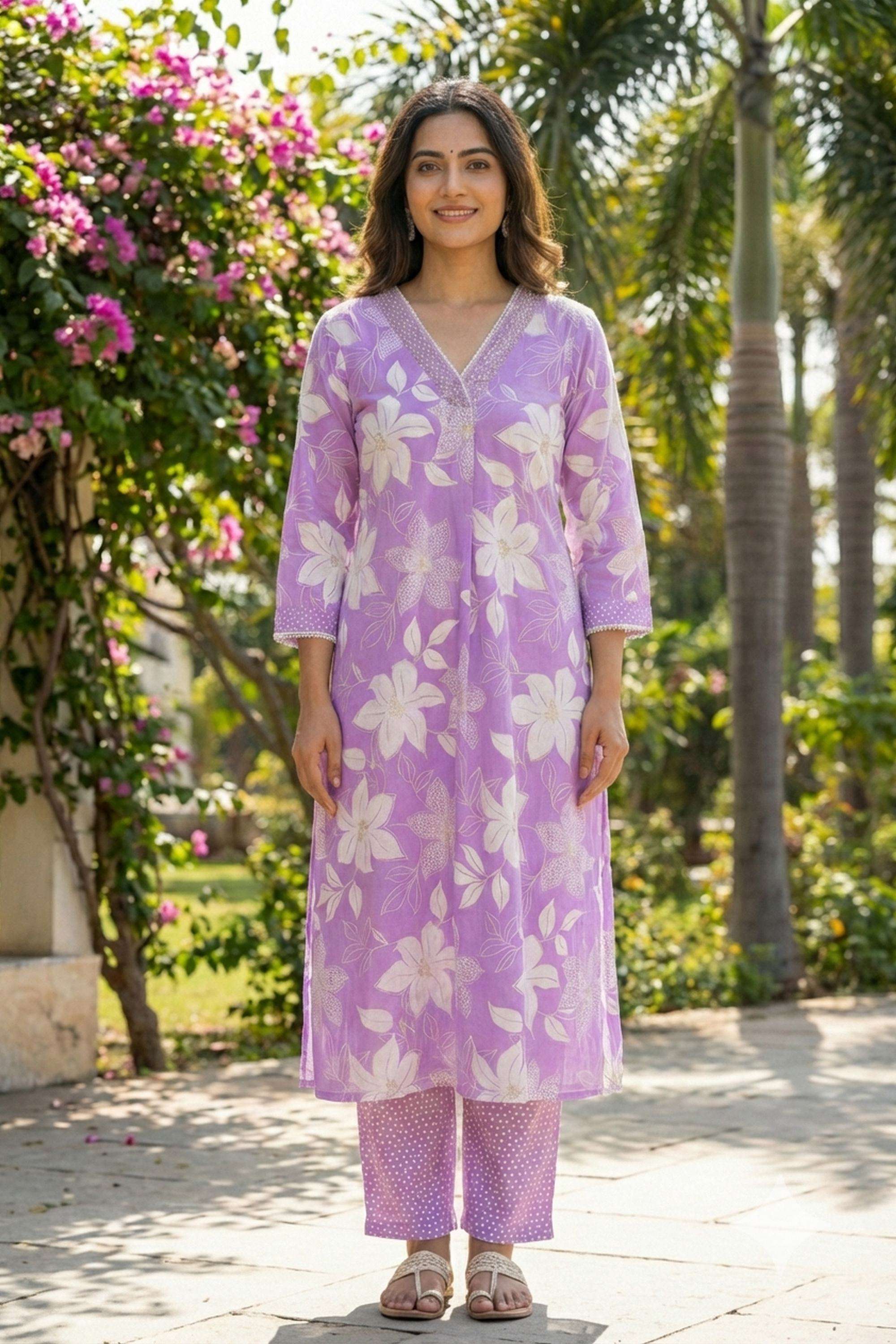 Floral-Cotton-V-Neck-Women-Kurta-with-Pant