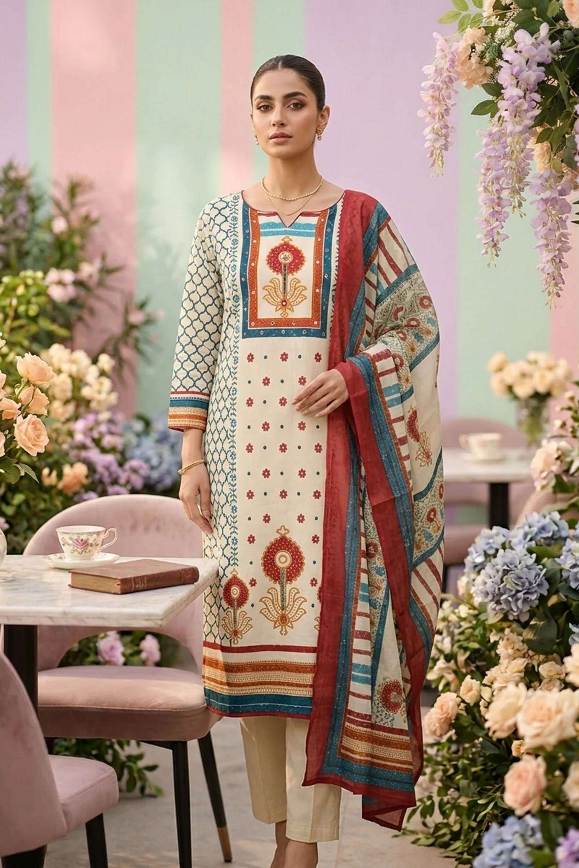 Printed-Cotton-Round-Neck-Women-Kurta-with-Pant-and-Dupatta