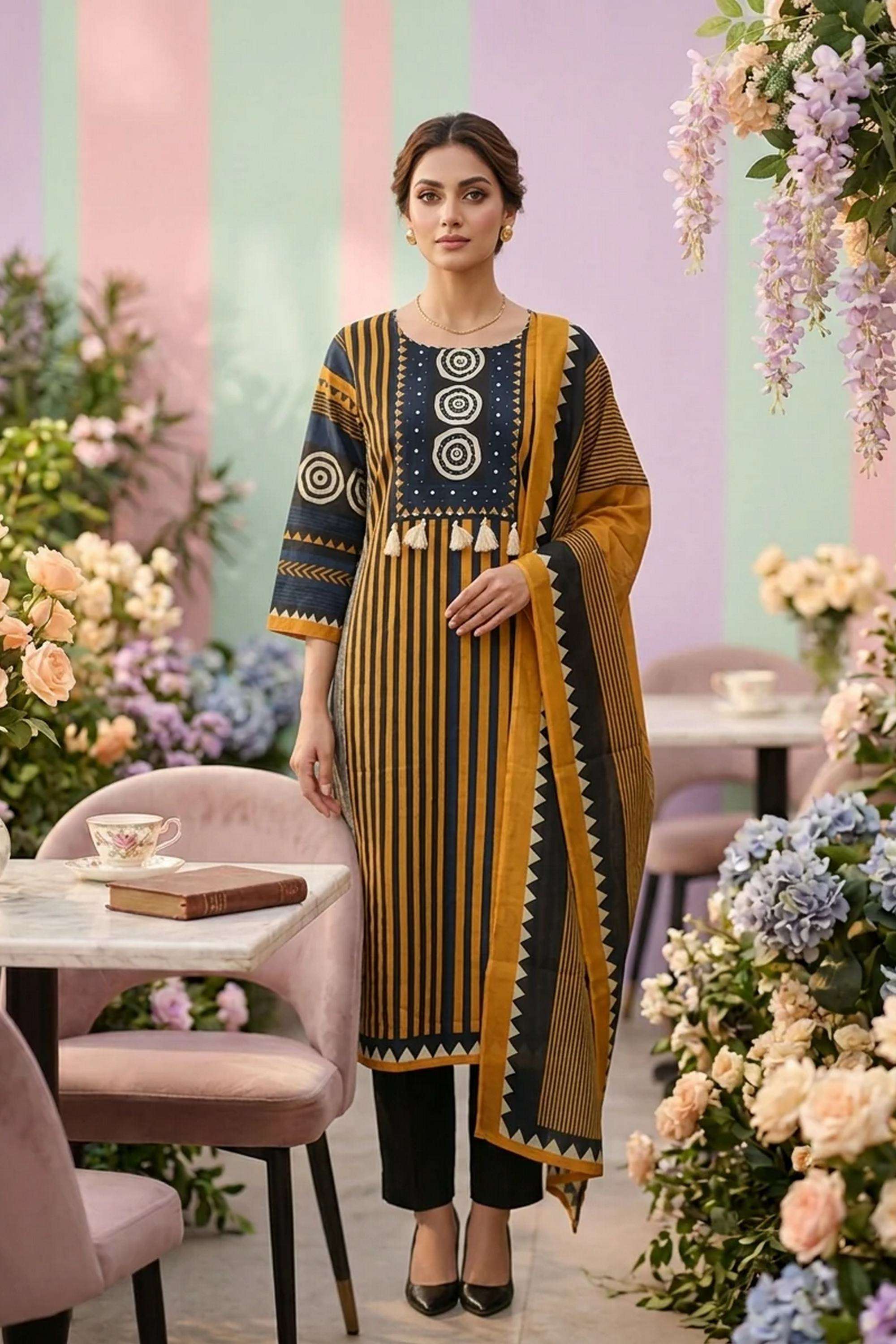 Printed-Cotton-Round-Neck-Women-Kurta-with-Pant-and-Dupatta
