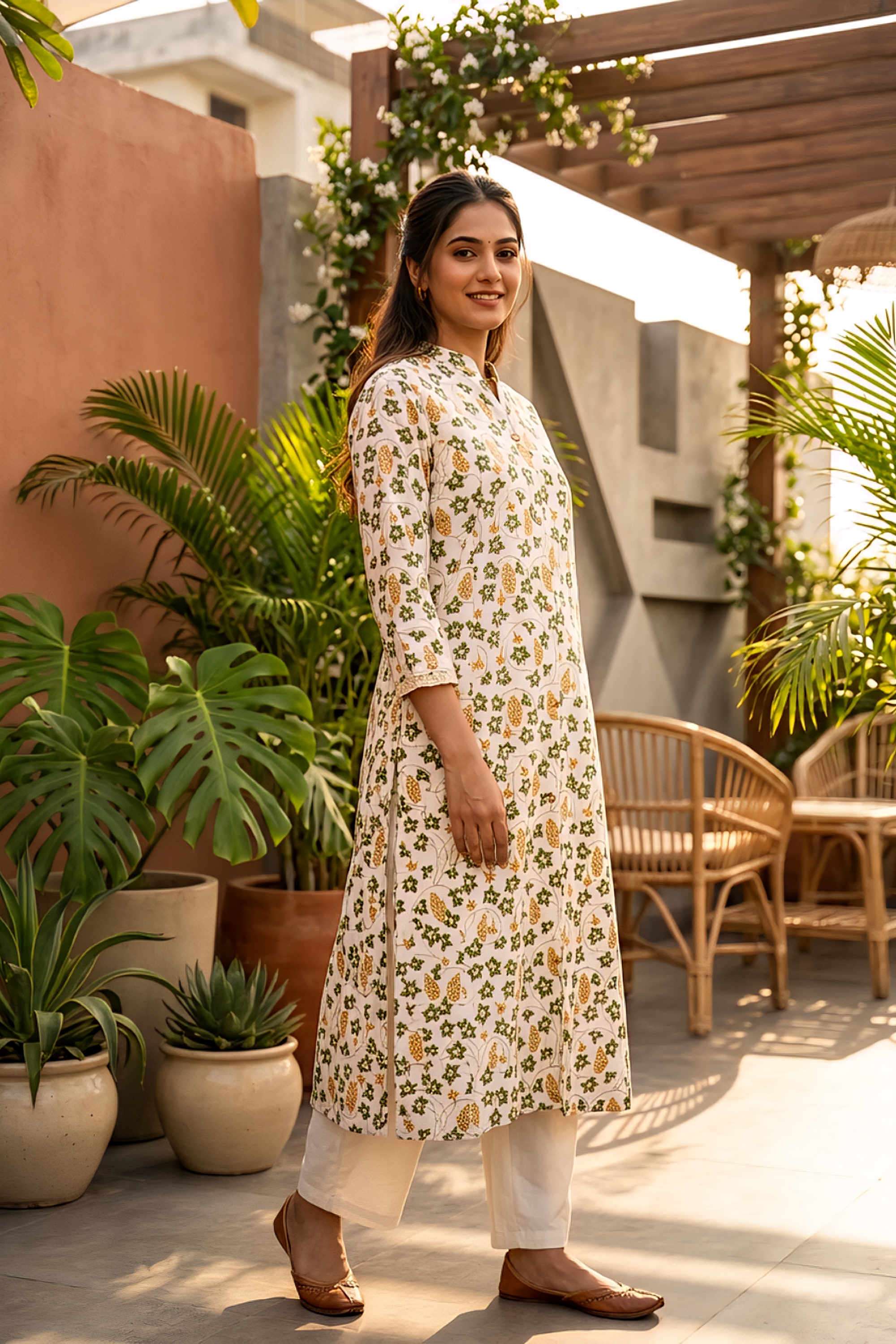 Floral-Blended-Fabric-Collared-Women-s-Casual-Wear-Kurta-Set