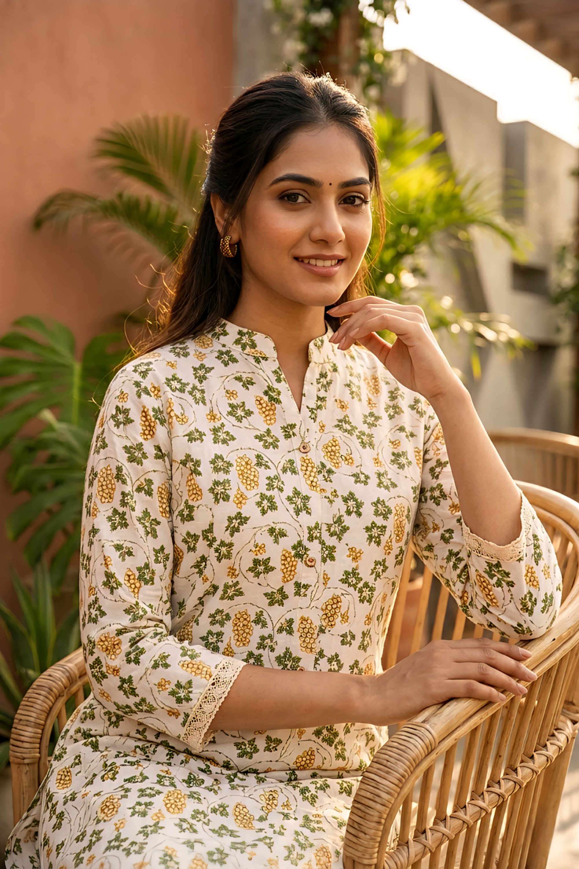 Floral-Blended-Fabric-Collared-Women-s-Casual-Wear-Kurta-Set