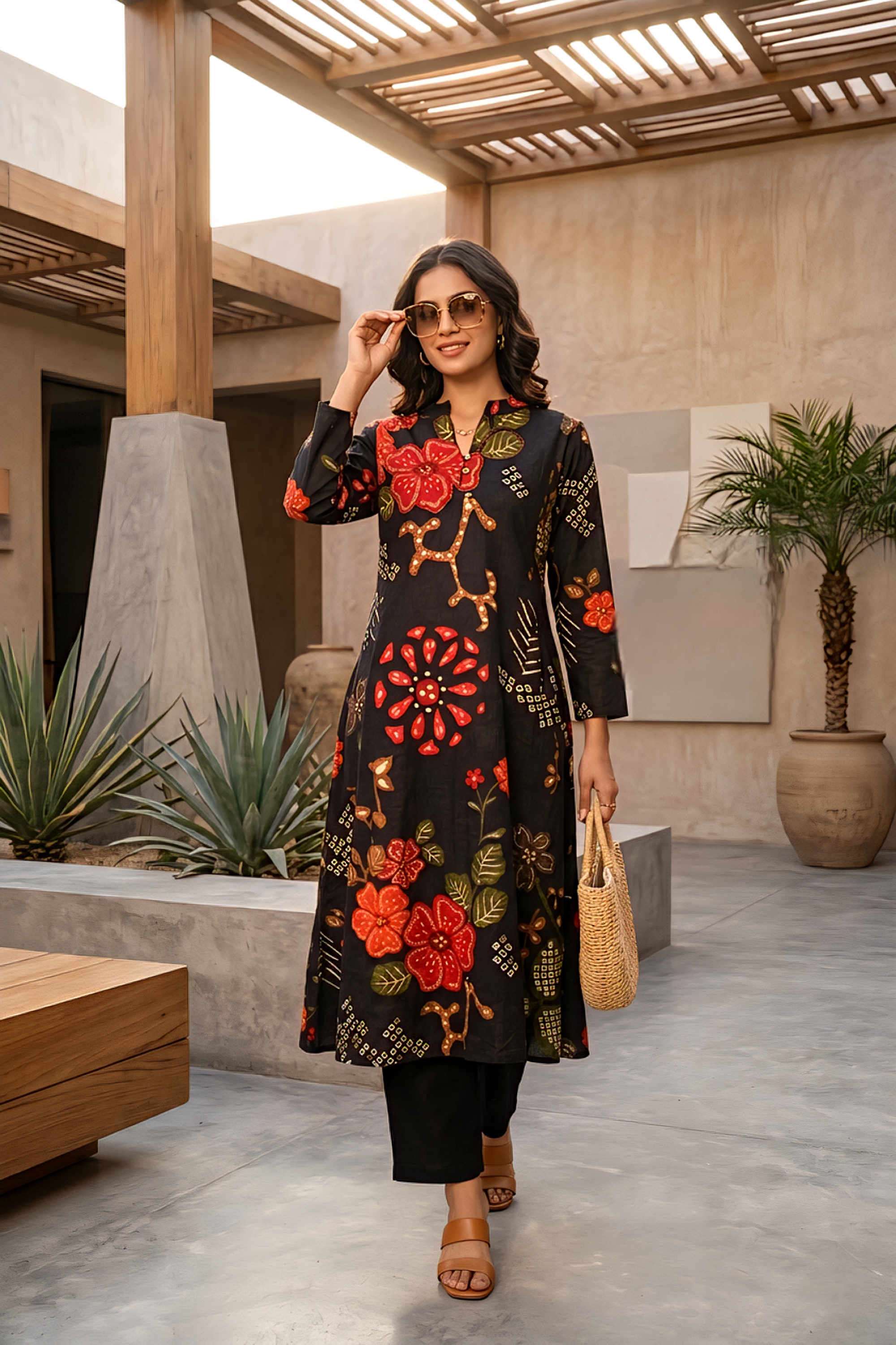 Printed-Blended-Fabric-Collared-Women-s-Casual-Wear-Kurta-Set