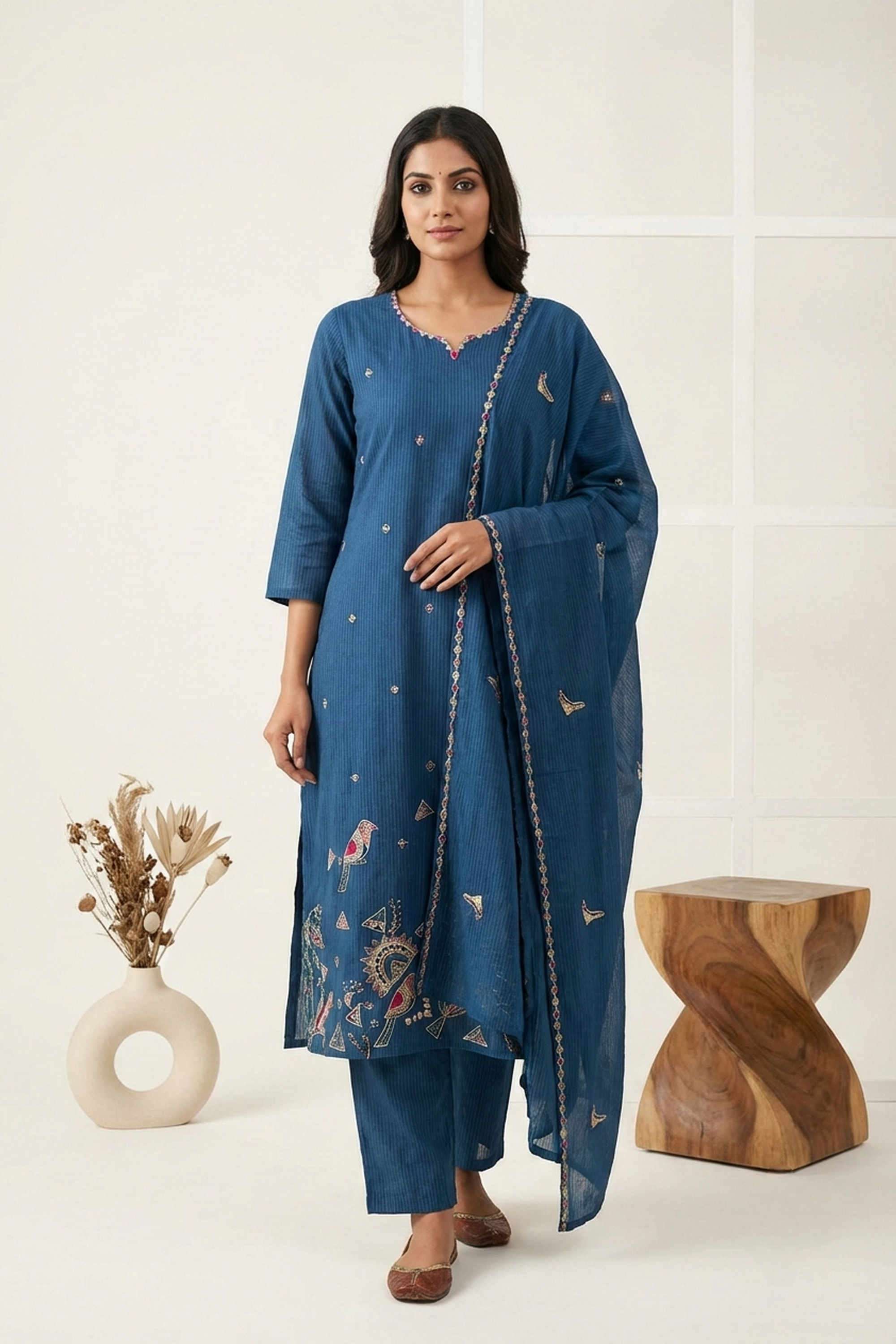 Embroidered-Cotton-Round-Neck-Women-Kurta-with-Pant-and-Dupatta