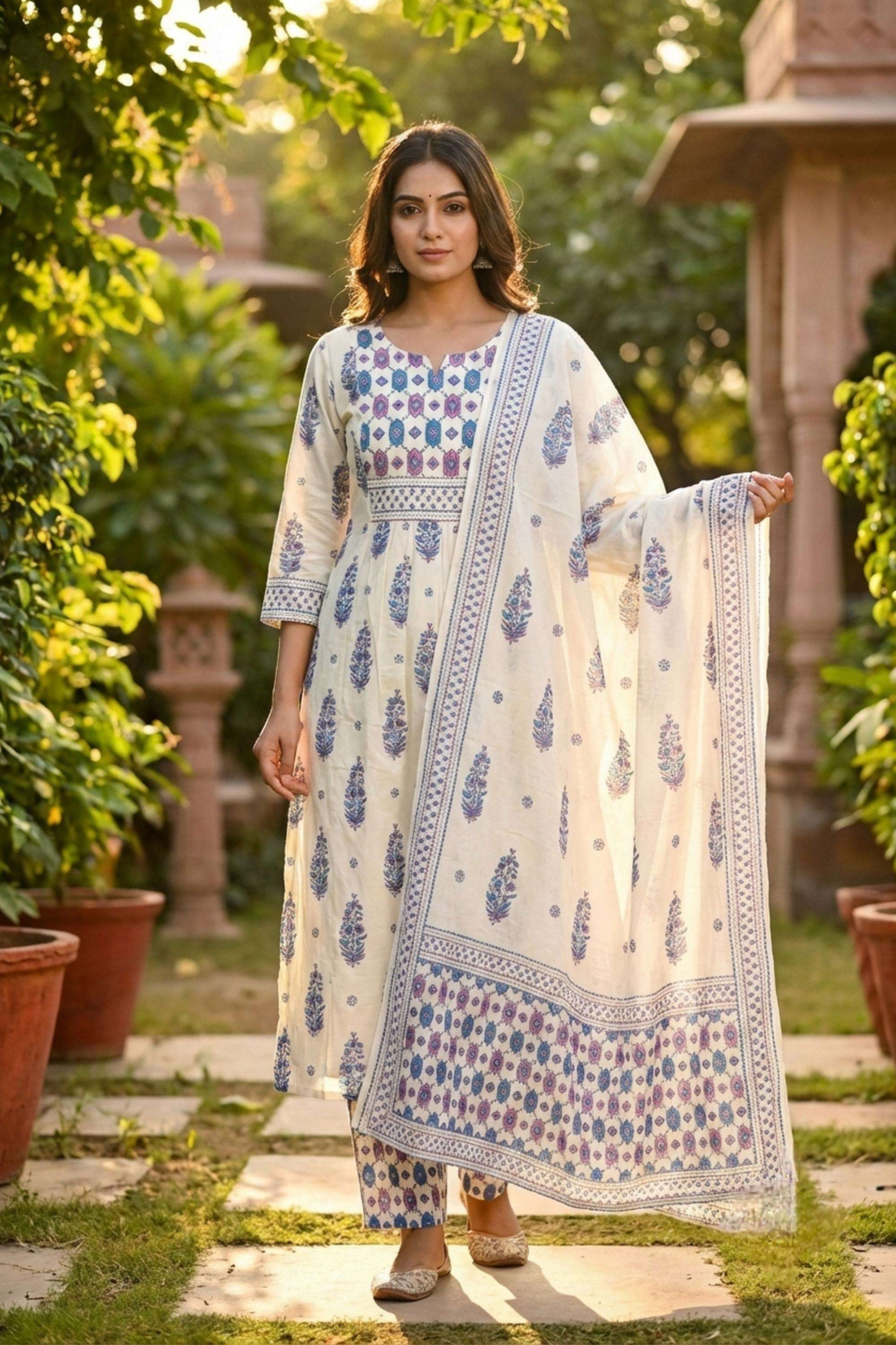 Printed-Cotton-Round-Neck-Women-Kurta-with-Pant-and-Dupatta