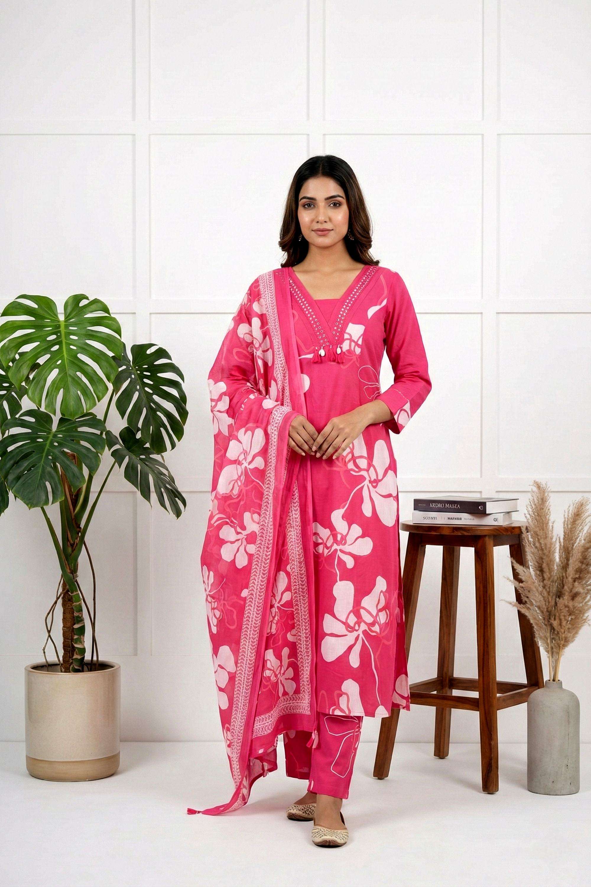 Floral-Cotton-V-Neck-Women-Kurta-with-Pant-and-Dupatta