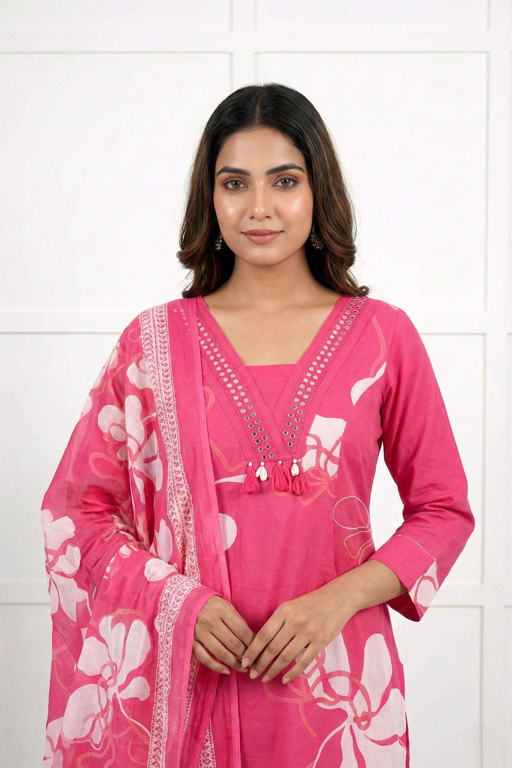 Floral-Cotton-V-Neck-Women-Kurta-with-Pant-and-Dupatta