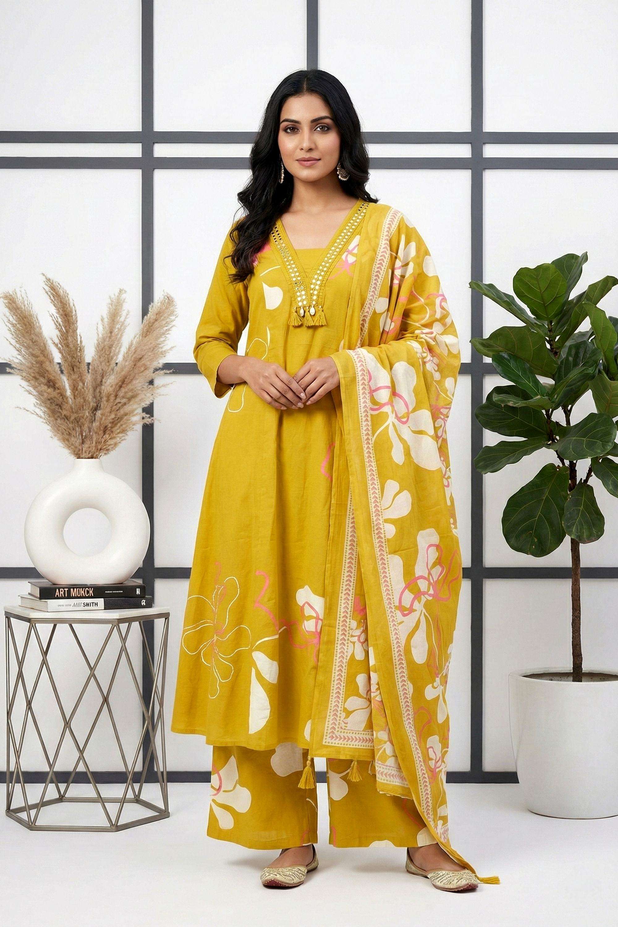 Sequinned-Cotton-V-Neck-Women-s-Festive-Wear-Kurta-Set