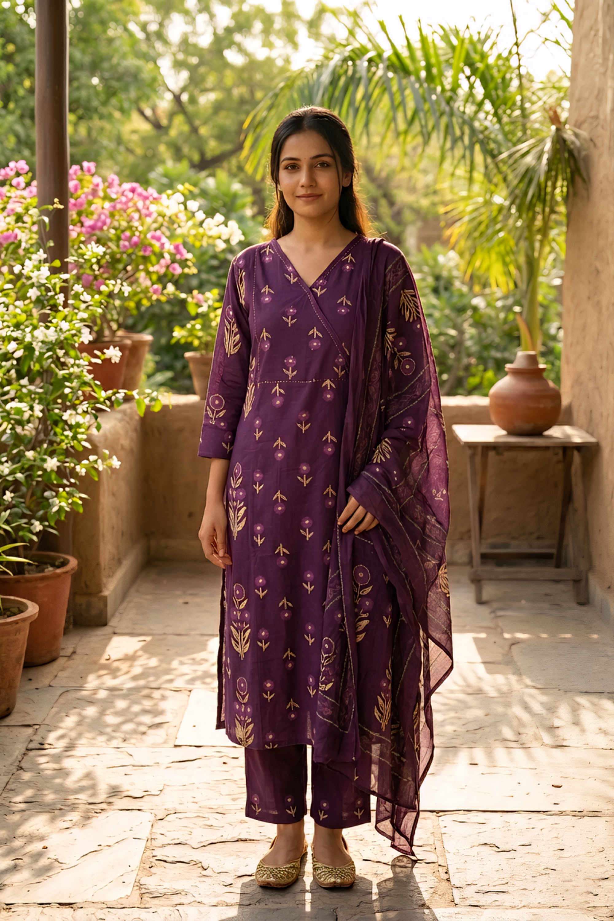 Printed-Cotton-V-Neck-Women-s-Casual-Wear-Kurta-Set