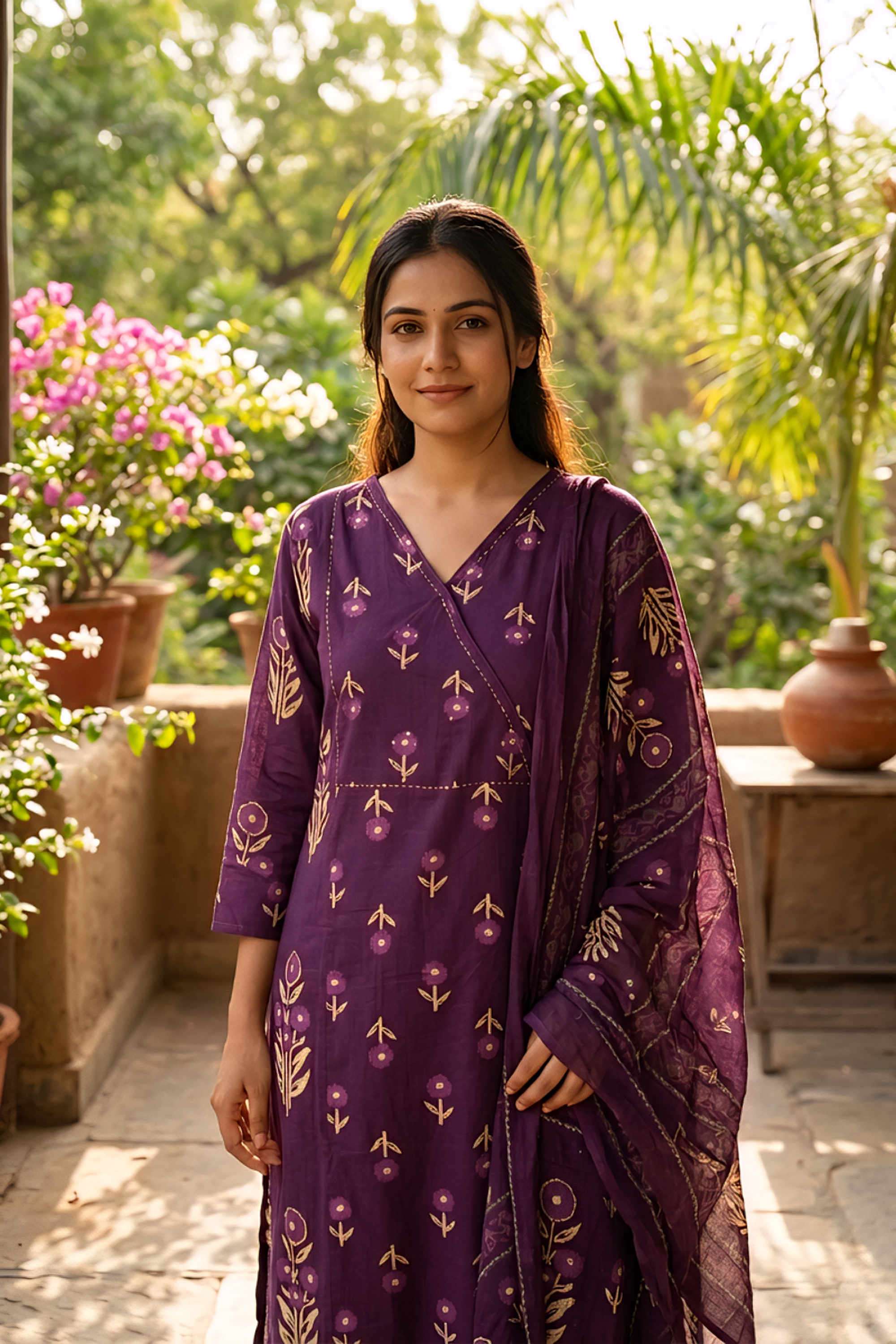 Printed-Cotton-V-Neck-Women-s-Casual-Wear-Kurta-Set