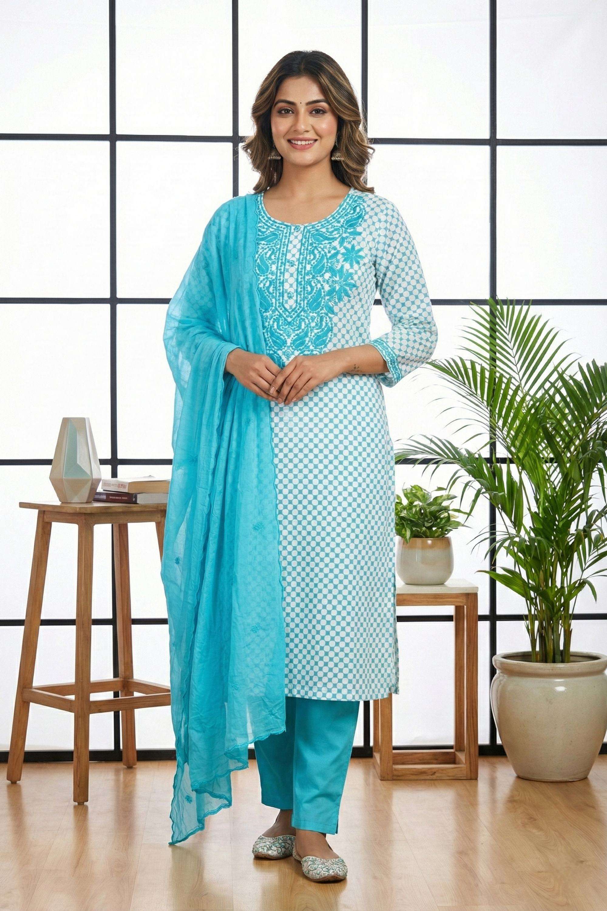 Embellished-Cotton-Round-Neck-Women-Kurta-with-Pant-and-Dupatta