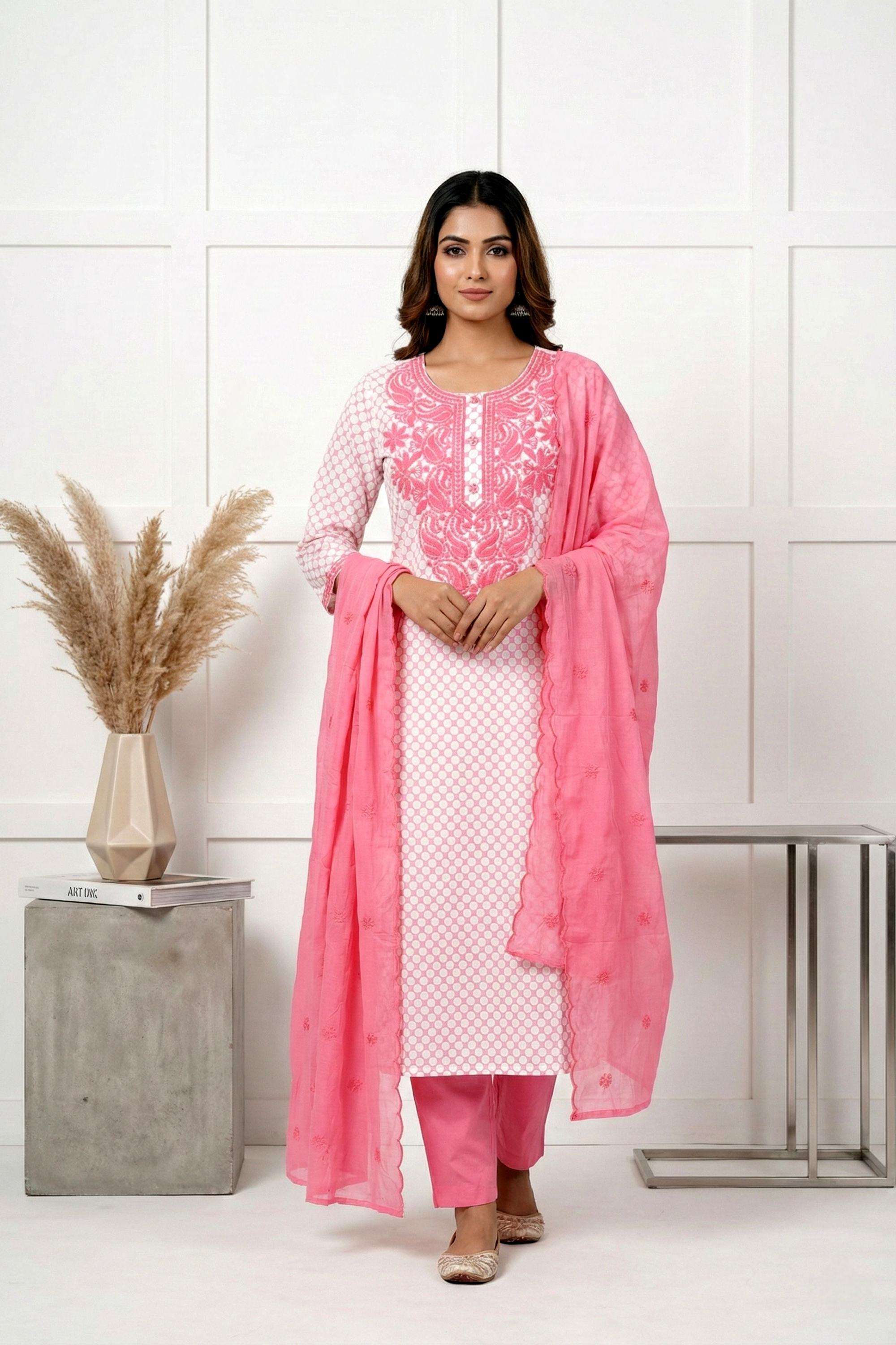 Embellished-Cotton-Round-Neck-Women-Kurta-with-Pant-and-Dupatta