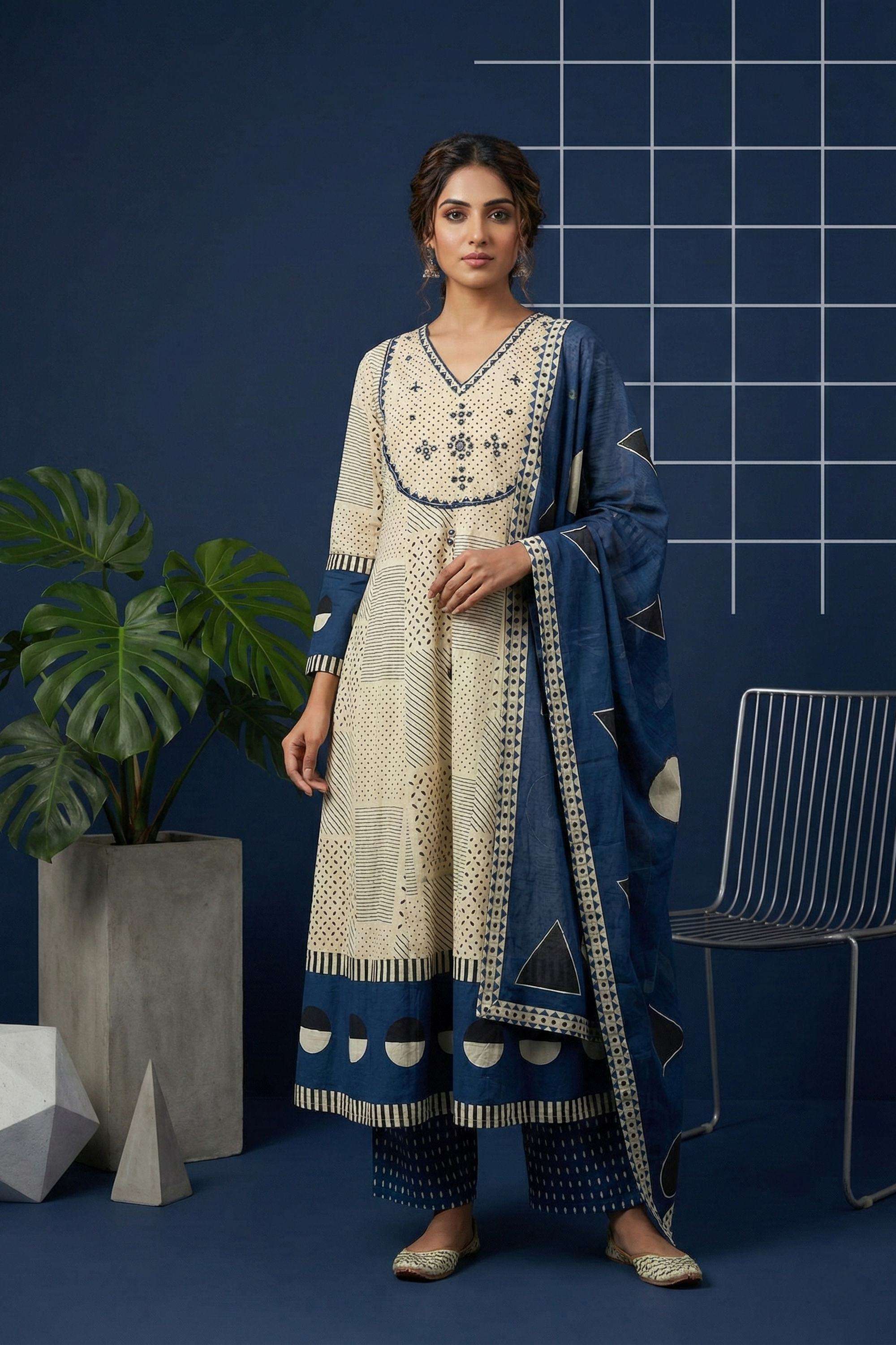 Printed-Cotton-V-Neck-Women-Kurta-with-Pant-and-Dupatta