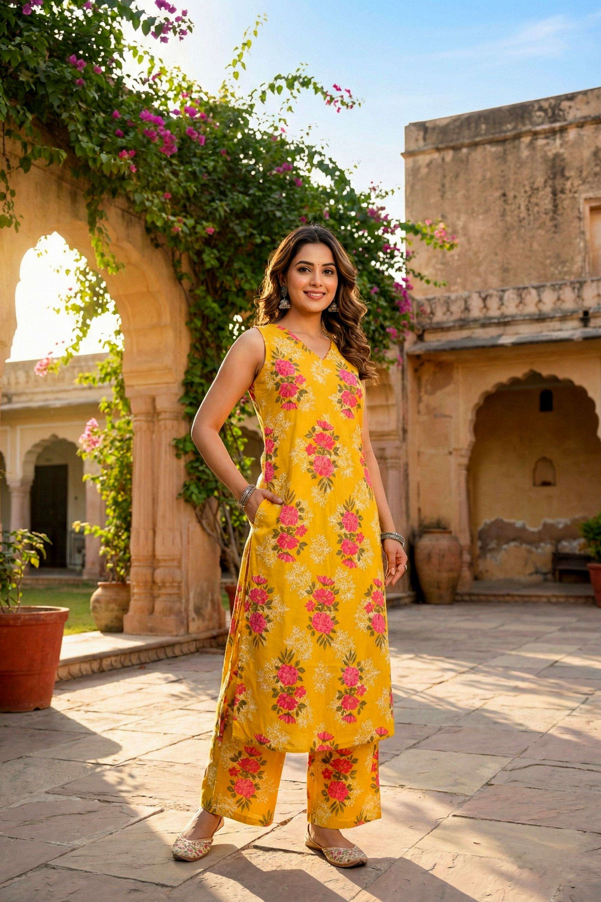 Floral-Cotton-V-Neck-Women-s-Festive-Wear-Kurta-Set