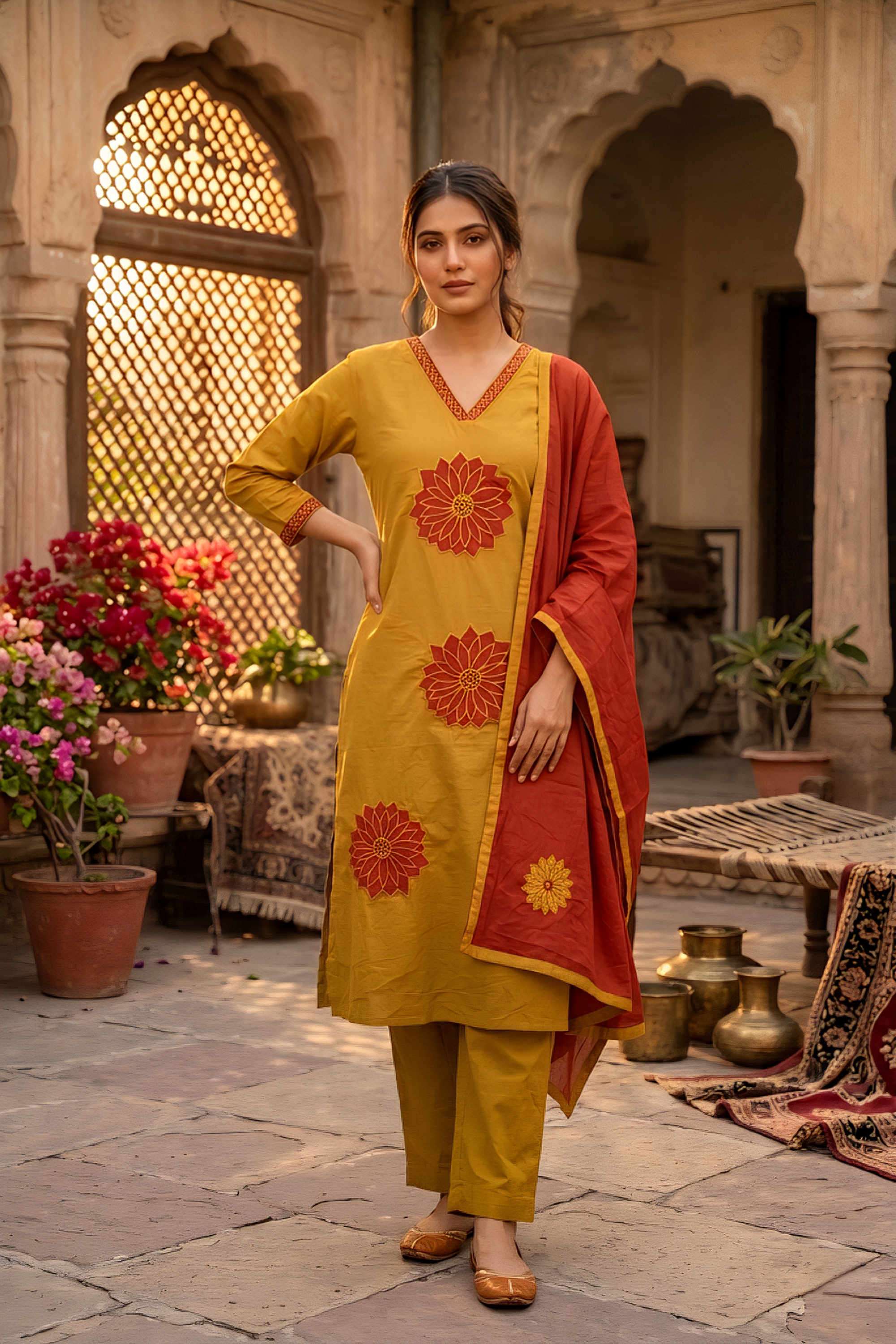 Floral-Cotton-V-Neck-Women-s-Casual-Wear-Kurta-Set