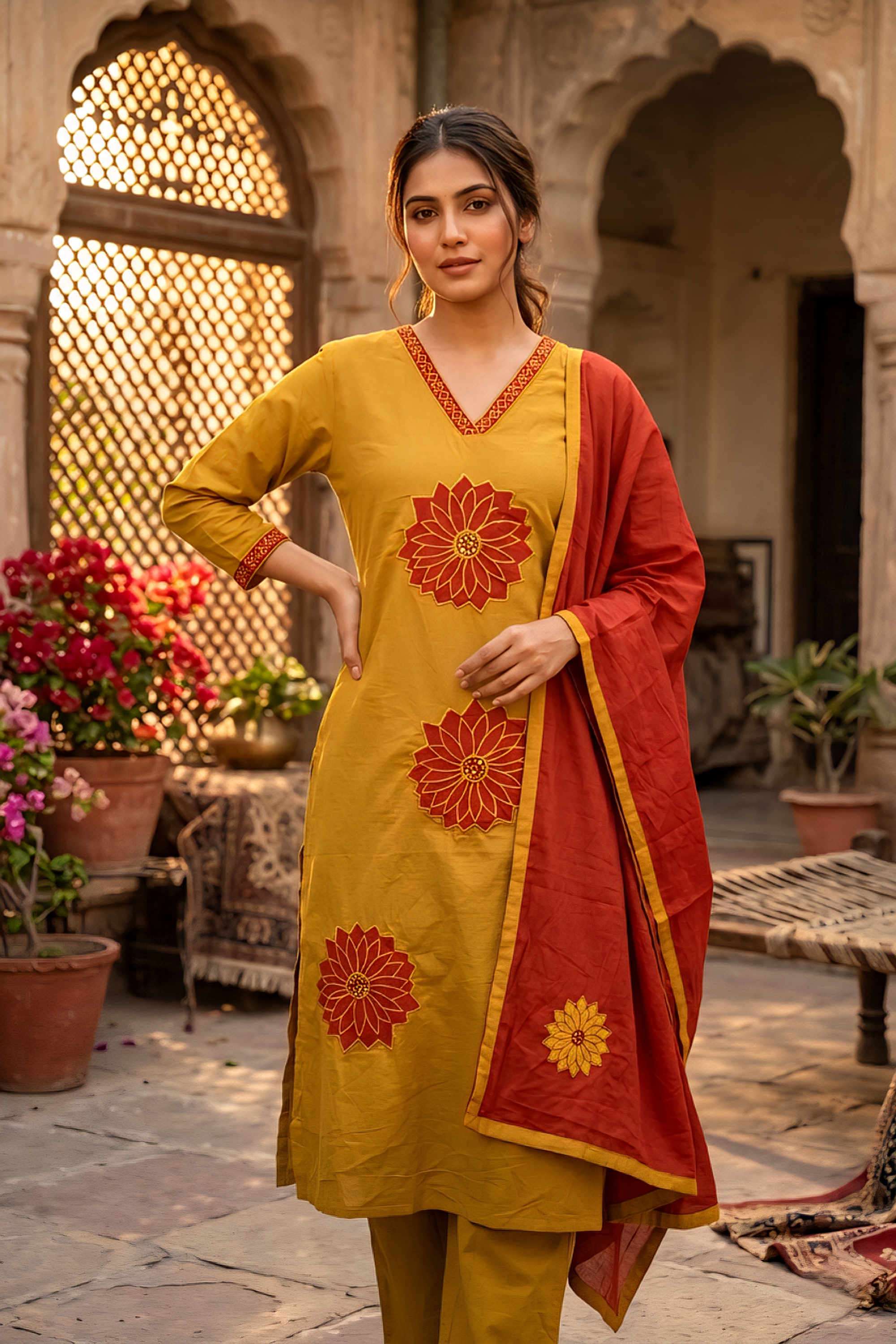 Floral-Cotton-V-Neck-Women-s-Casual-Wear-Kurta-Set