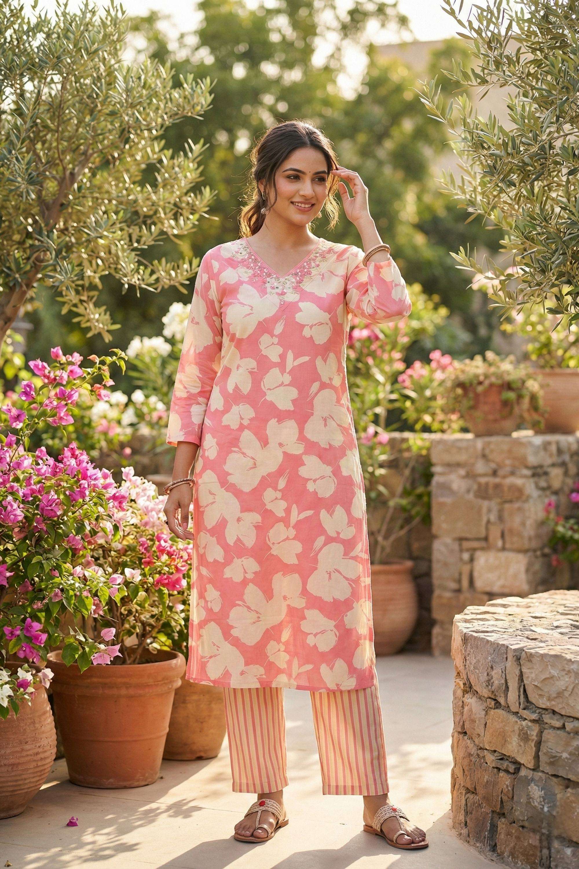 Floral-Cotton-V-Neck-Women-s-Festive-Wear-Kurta-Set
