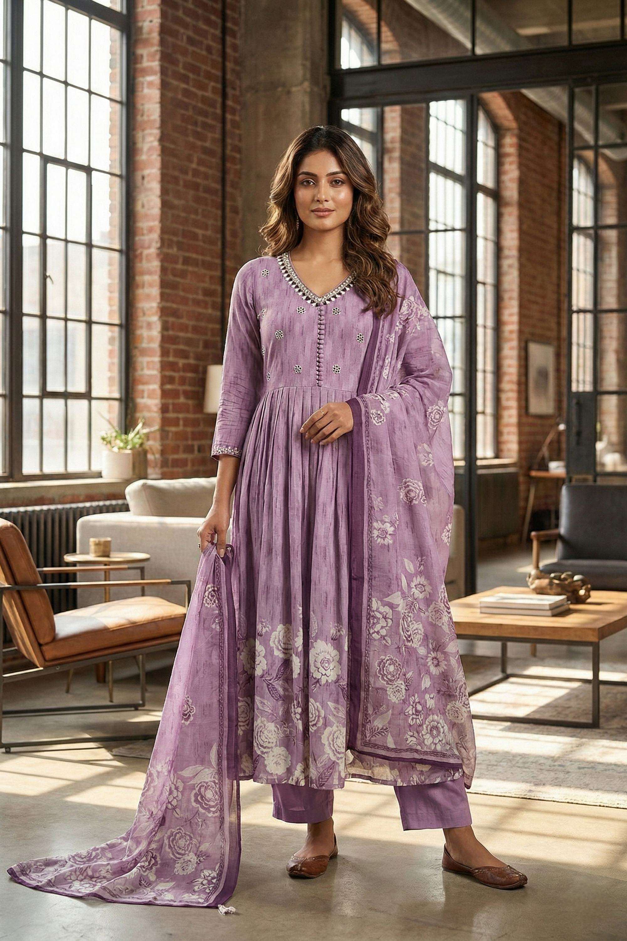 Floral-Rayon-V-Neck-Women-s-Festive-Wear-Kurta-Set